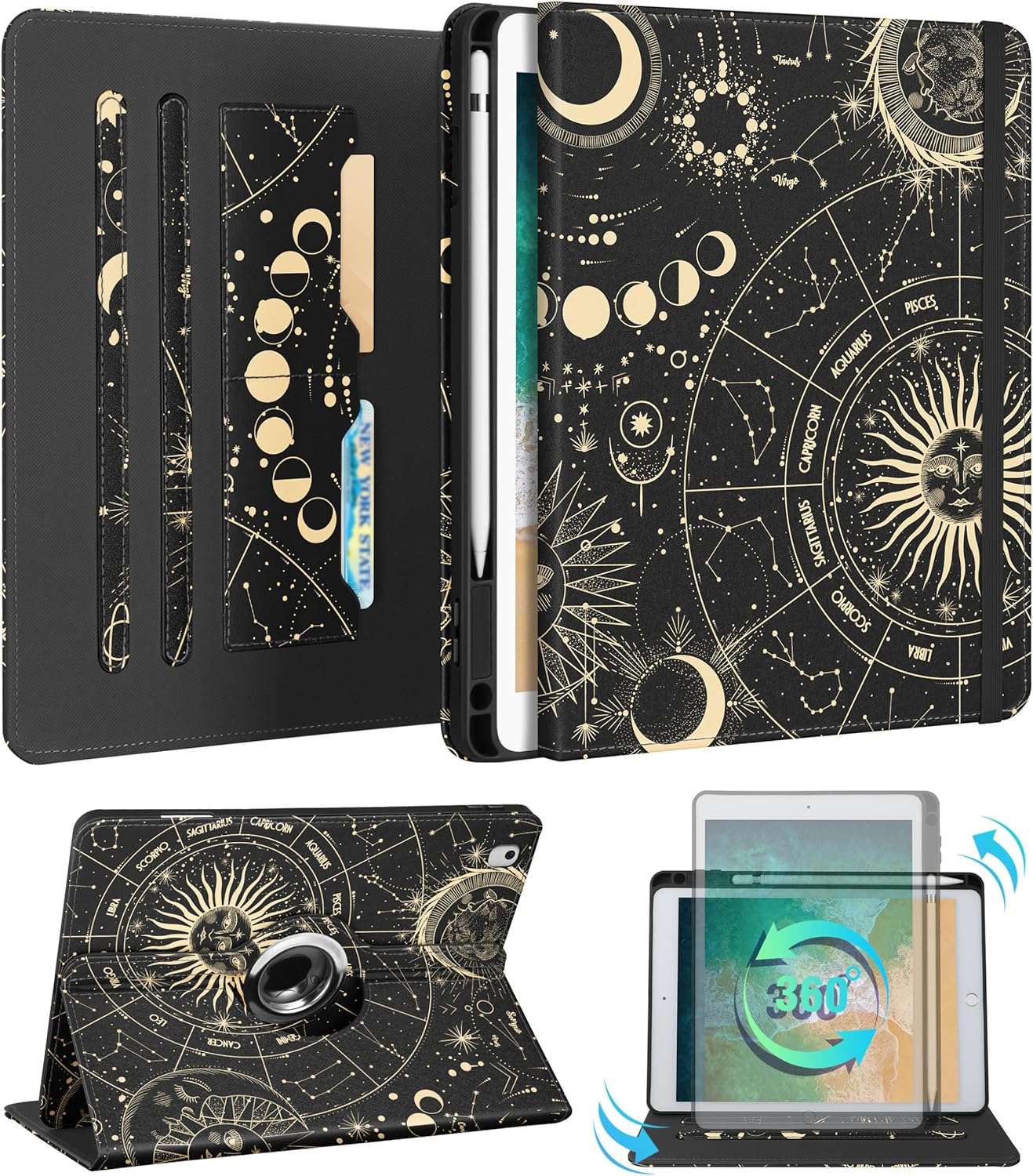 Kidcube for iPad Pro 13 Inch Case M4 2024 - Women Girls Cute Rotating Stand Folio Cover with Pencil Holder & Card Slot Girly Sun Moon Stars Design for iPad Pro 13 Inch Case 2024 (A2925 A2926 A3007)