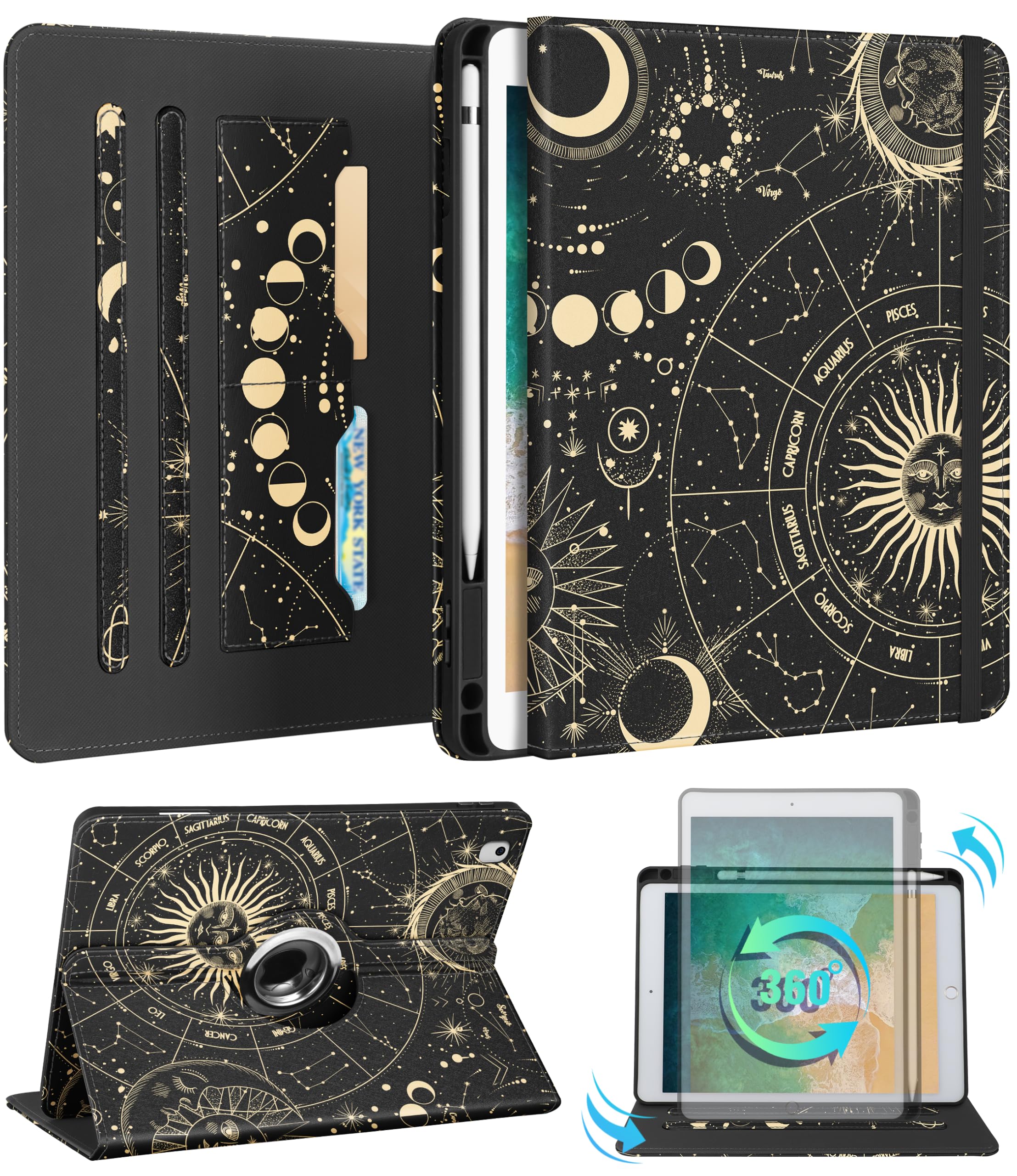 Kidcube for iPad 5th Generation Case 2017/Air 1st 2013/Pro 9.7 Inch Case 2016 - Women Girls Cute Rotating Stand Folio Cover with Pencil Holder & Card