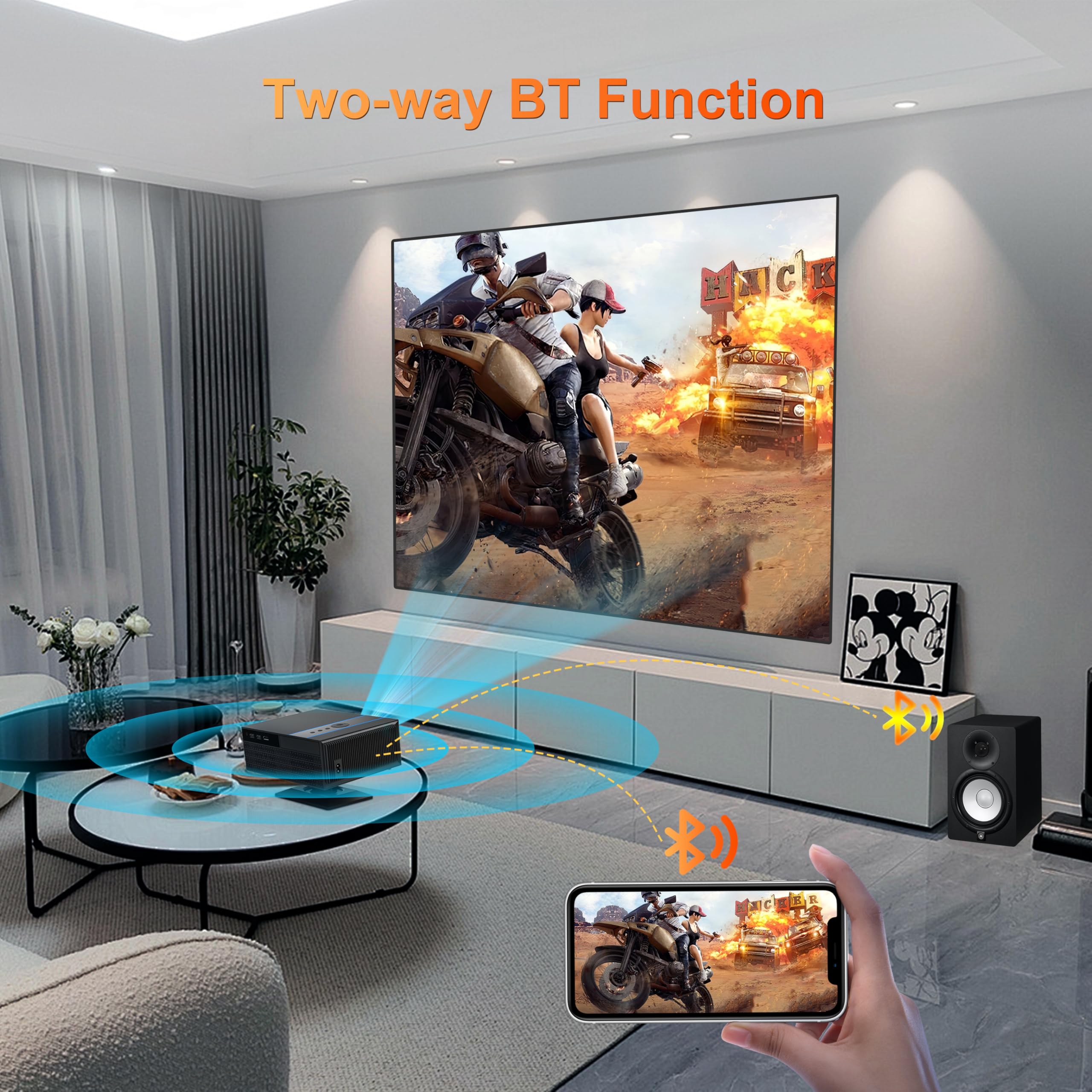 Automatyczne ustawianie ostrości: inteligentny projektor z WiFi i Bluetooth, zoomem i keystone, przenośny projektor filmowy 1080p z regulowaną podstawką 360°, obsługa 4K do kina domowego, sypialni