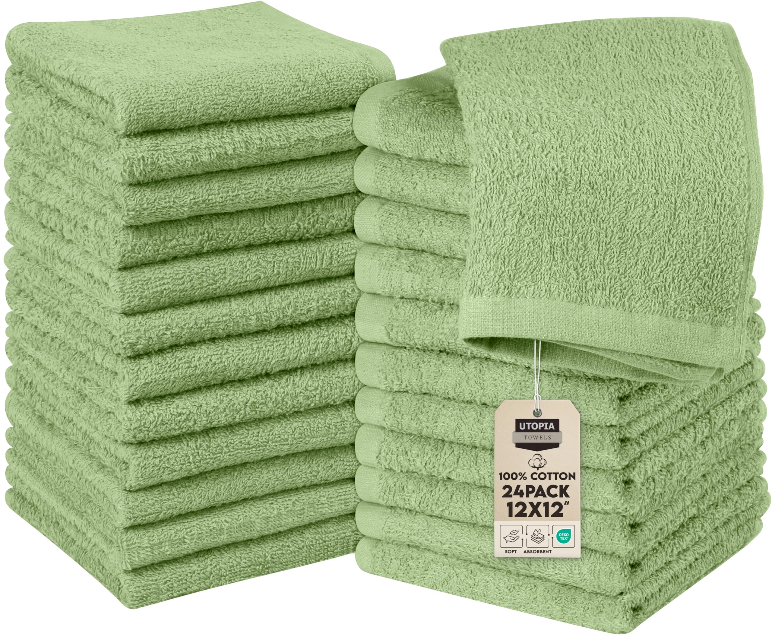 Utopia Towels 24 Pack Cotton Washcloths Set - 100% Ring Spun Cotton, Premium Quality Flannel Face Cloths, Highly Absorbent and Soft Feel Fingertip Towels (Sage Green)