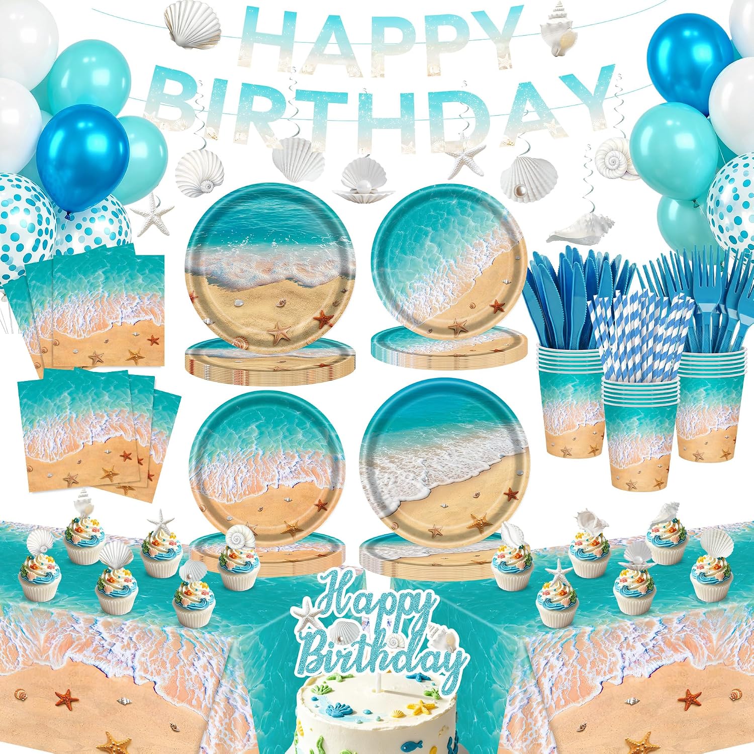208Pcs Beach Birthday Party Decorations Ocean Decor Tableware Set Serves 24