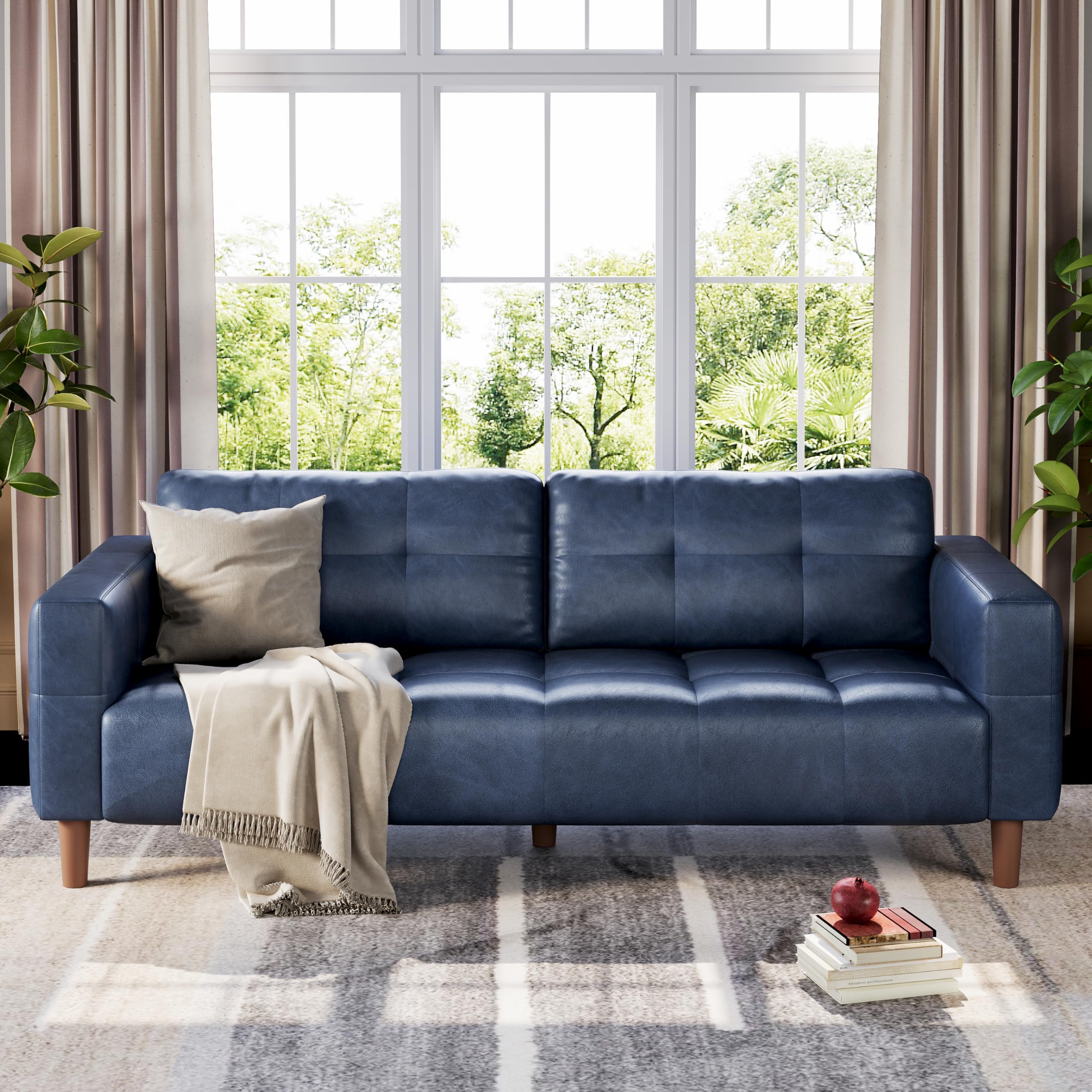 IDEALHOUSE 83” Blue Faux Leather Couch, 3 Seater Sofa Couches with 2 Removable Back Cushions for Living Room, Large Mid Century Modern Office