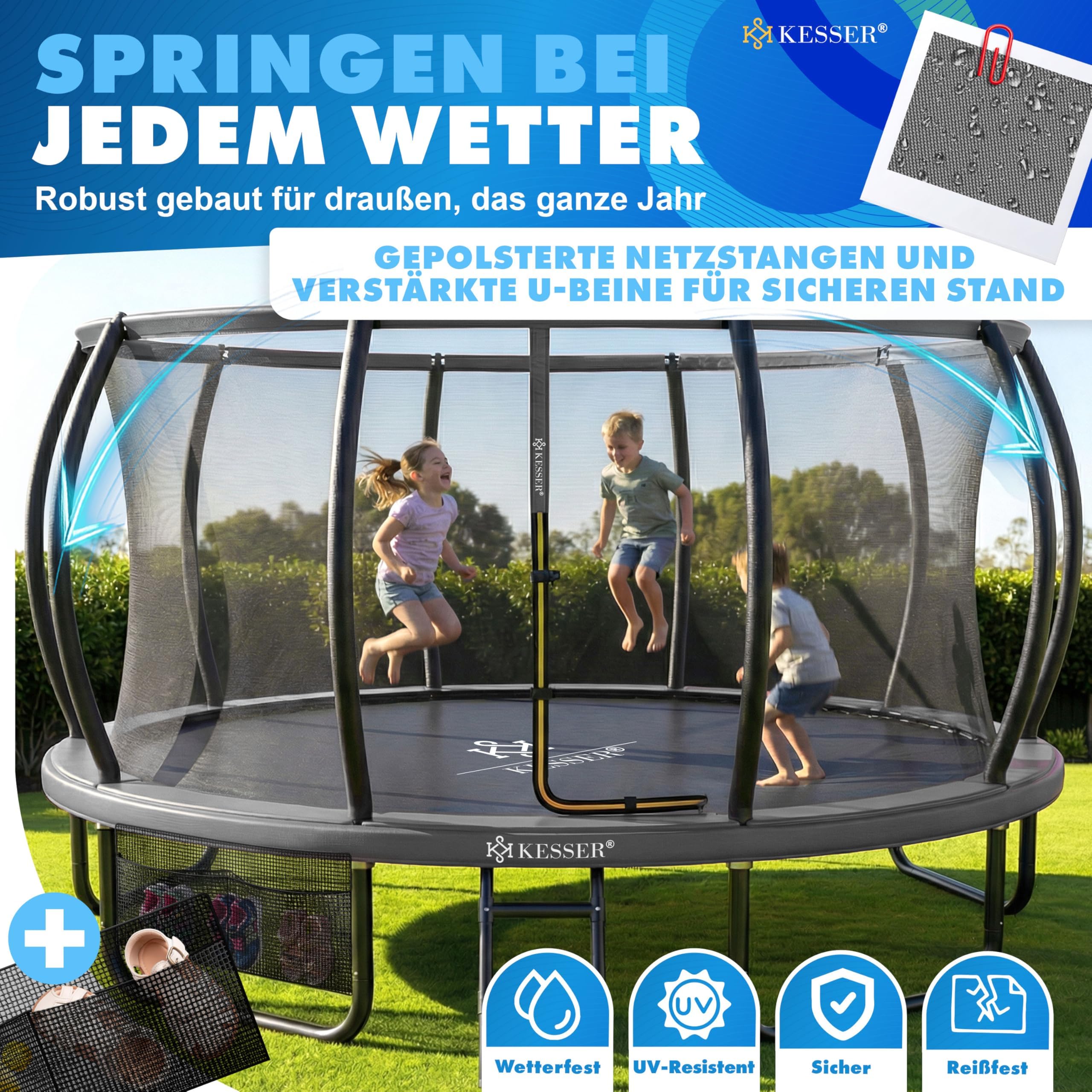 KESSER® Trampolino esterno Ø 244/305/366/427 cm, certificato GS trampolino da giardino per bambini e adulti < 150 kg con rete di sicurezza, inclusa borsa, scala, copertura del bordo e aste in rete