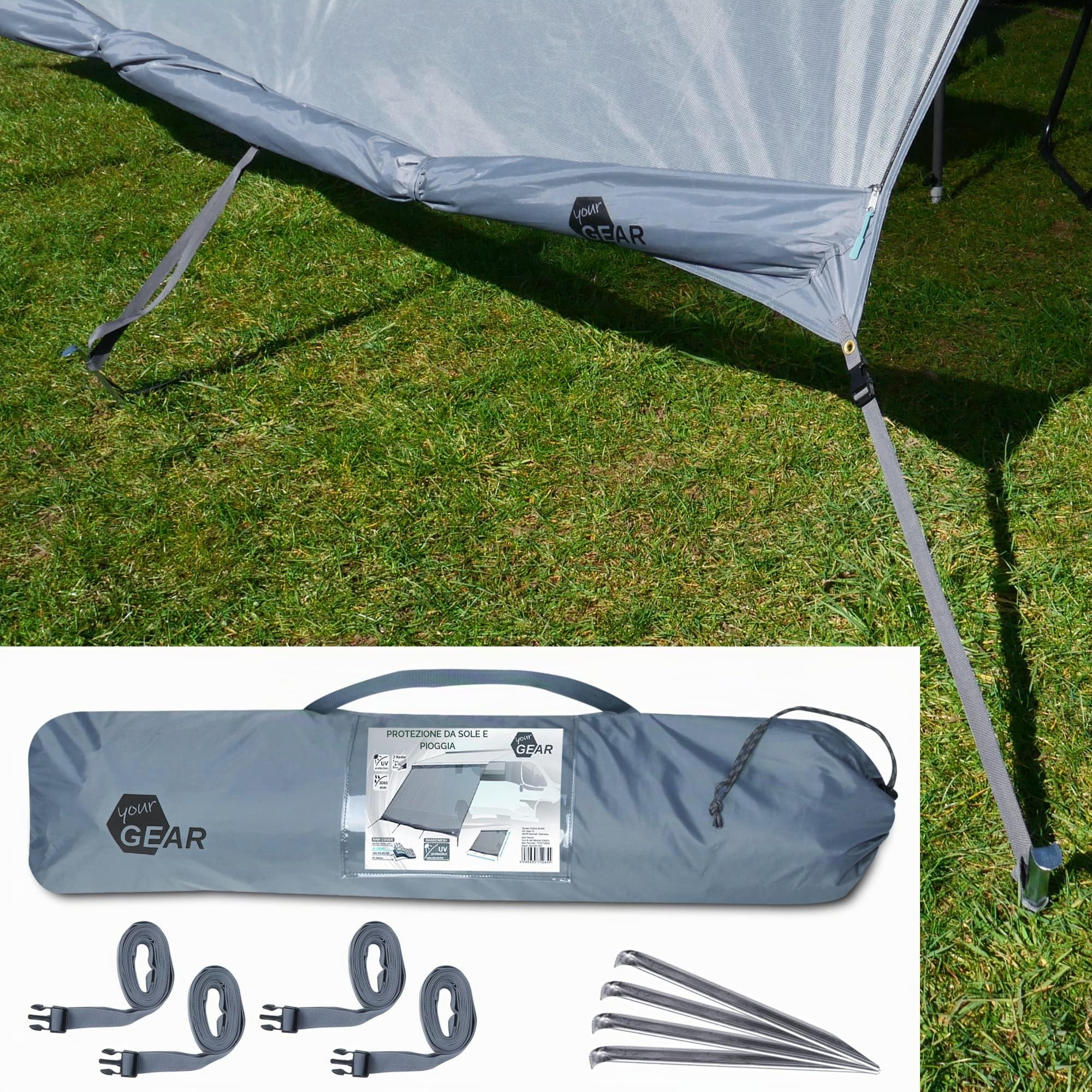 your GEAR Sun & Rain Blocker – Tenda da sole o pareti laterali per tenda da sole – diverse misure – protezione UPF 50+, colonna d'acqua 3000 mm, 3 montanti con Ø 4,3 6,2 e 7 mm, larghezze da 240 a 480