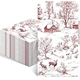 Gersoniel 100 Pcs Christmas Toile Napkins Disposable Red Christmas Guest Napkins Xmas Toile De Jouy Style Paper Hands Towels for Home Party Bathroom Holiday Decorations, 4.3 x 7.9 Inch