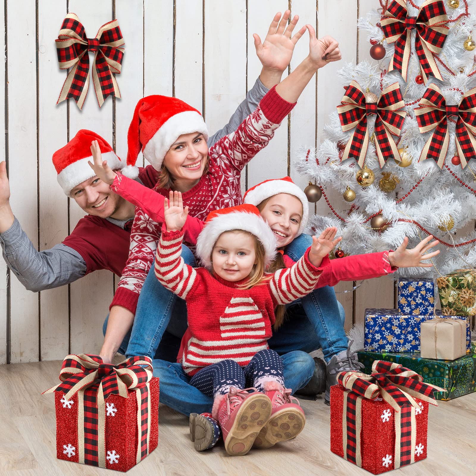 2 Rollen Weihnachts-Büffelkariertes Bänder, Jute, Drahtrand, kariertes Gingham-Stoff, Bastelband für DIY-Schleifen, Verpackungsdekoration, 6 m lang (schwarz-rot, 6 cm breit)