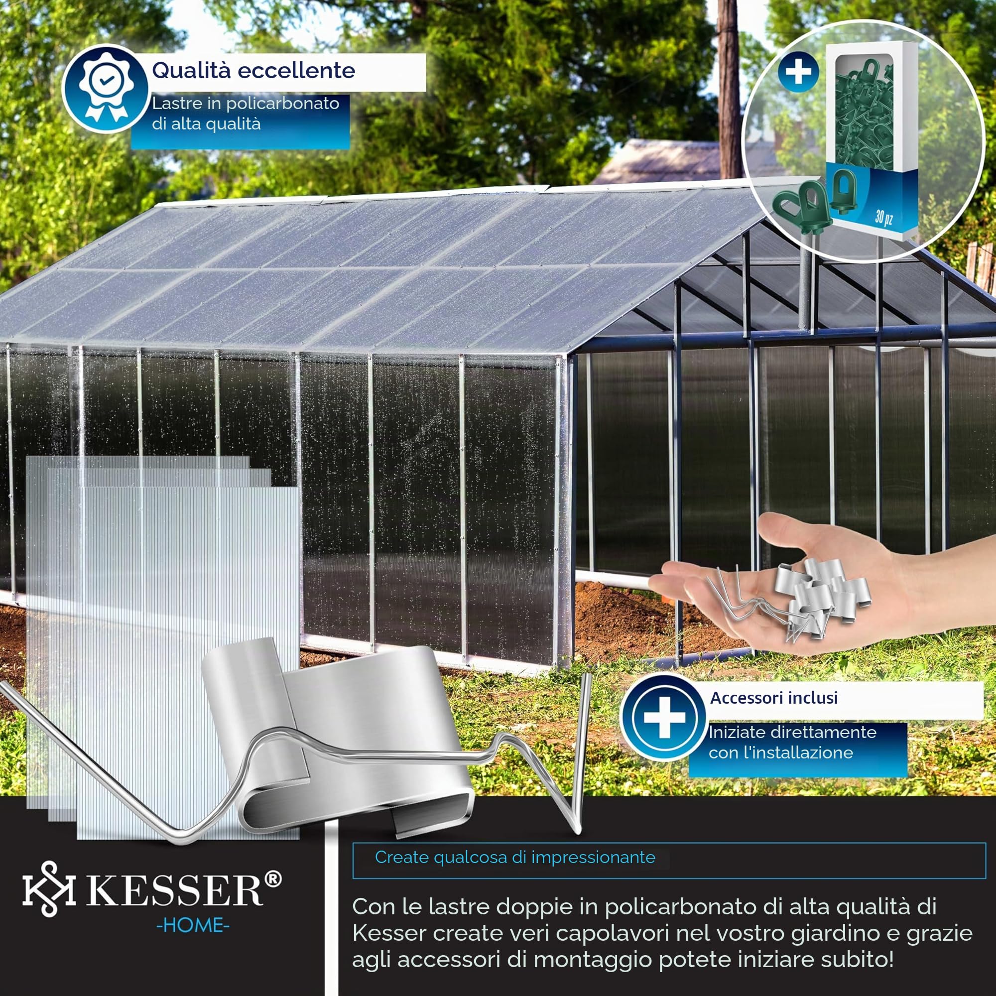 KESSER® Pannelli alveolari in policarbonato 4mm | 10,25 m² Lastra alveolare - 121x60,5 cm | 50x Clips + 50x Z-Clips | Lastra alveolare per serre Lastra resistente ai raggi UV per serre orticole