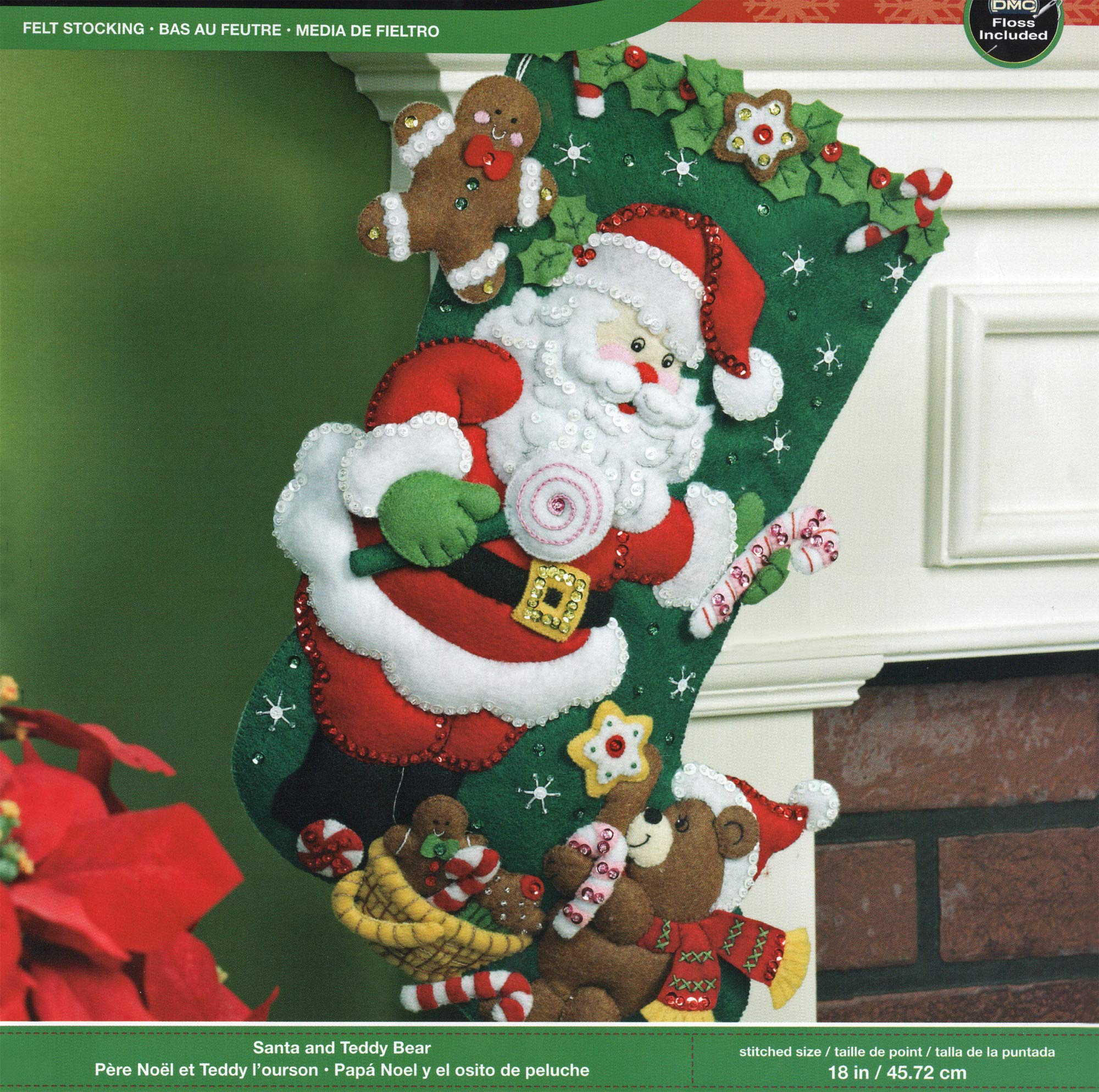 Bucilla 18-Inch Christmas Stocking Felt Applique Kit, Santa and Teddy Bear