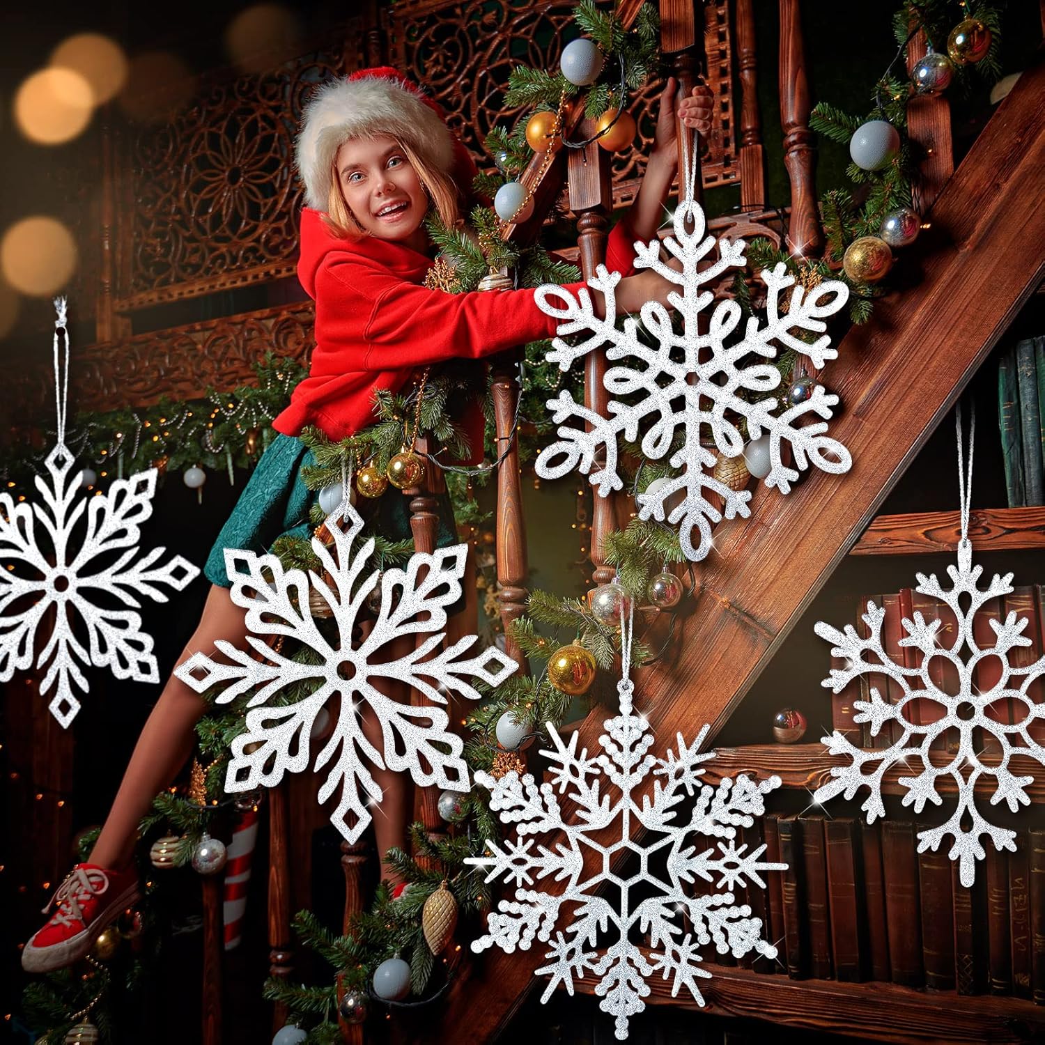 Civaner 10 Pieces Large Snowflakes Ornaments 12'' Glittered Snowflakes Decorations Christmas Hanging Decorations for Winter Christmas Tree Decor Craft(Silver)