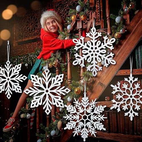Miniatura 6 de Civaner 10 adornos grandes de copos de nieve de 12 pulgadas, decoración de copos de nieve con purpurina, decoraciones colgantes de Navidad para