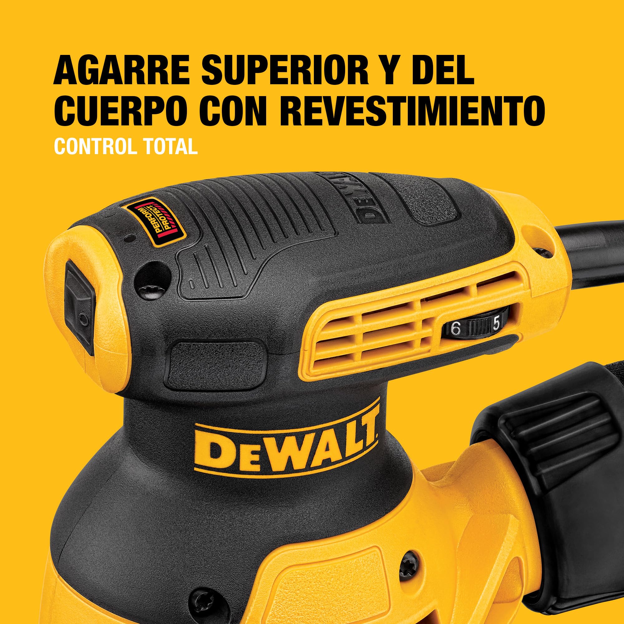 DEWALT Lijadora Rotorbital 280W Ø125mm, 8,000-12,000 OPM, Motor Velocidad Variable, Diseño Compacto, Baja Vibración para Uso Prolongado, DWE6423-QS