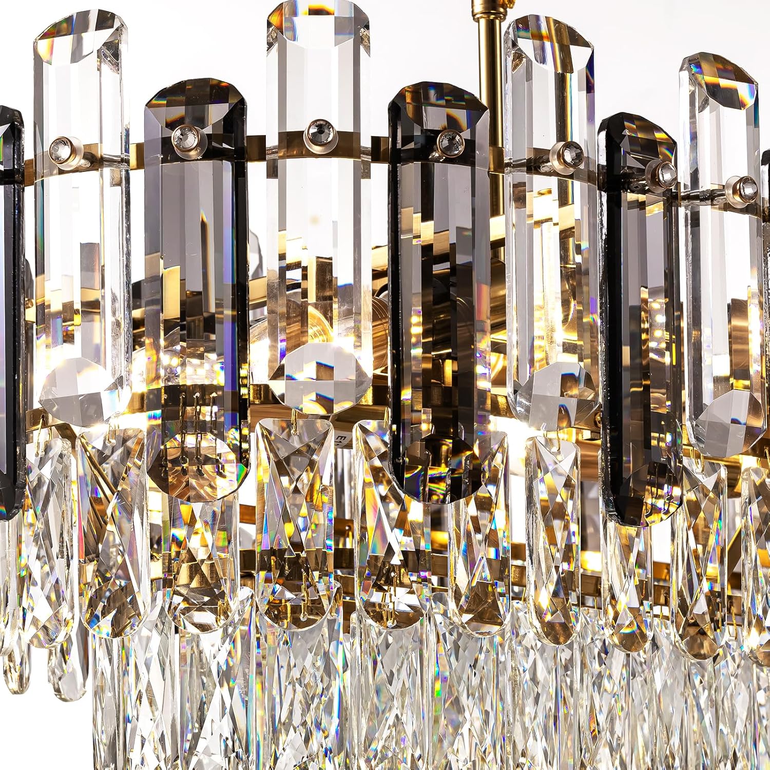 40" Rectangular Crystal Chandelier, 15-Light Smoke Grey K9 Crystals with Gold Frame, Adjustable Height Dining Room Light Over Table for Kitchen Island Living Room