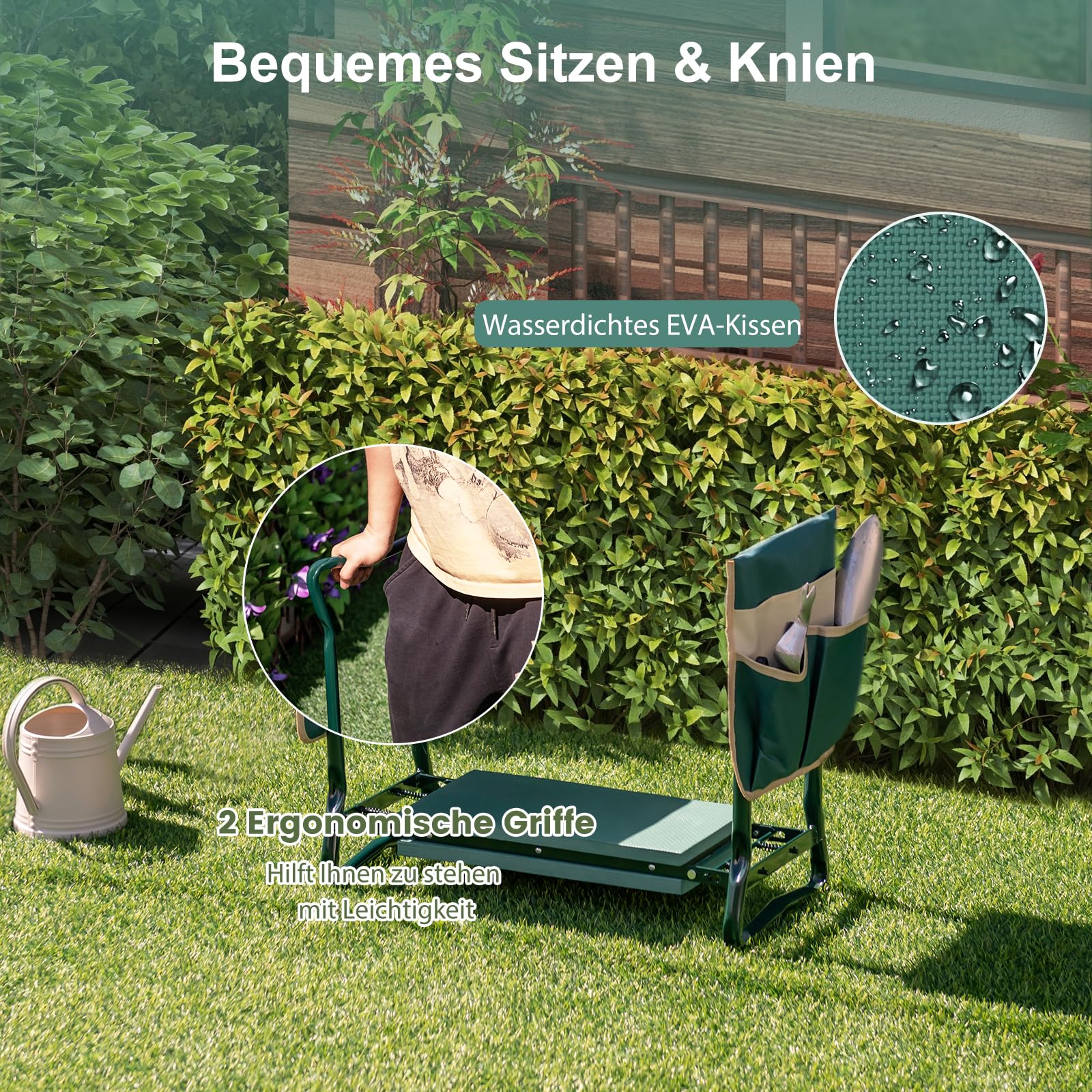 SOARS Tabouret de Jardinage 2 en 1 Pliable, Banc Agenouilloir de Jardin avec Sacs à Outils, Siège de Jardin avec Coussin Epais Mou en Mousse pour Les Genoux Eve Max. 150kg (avec 2 Sacs)