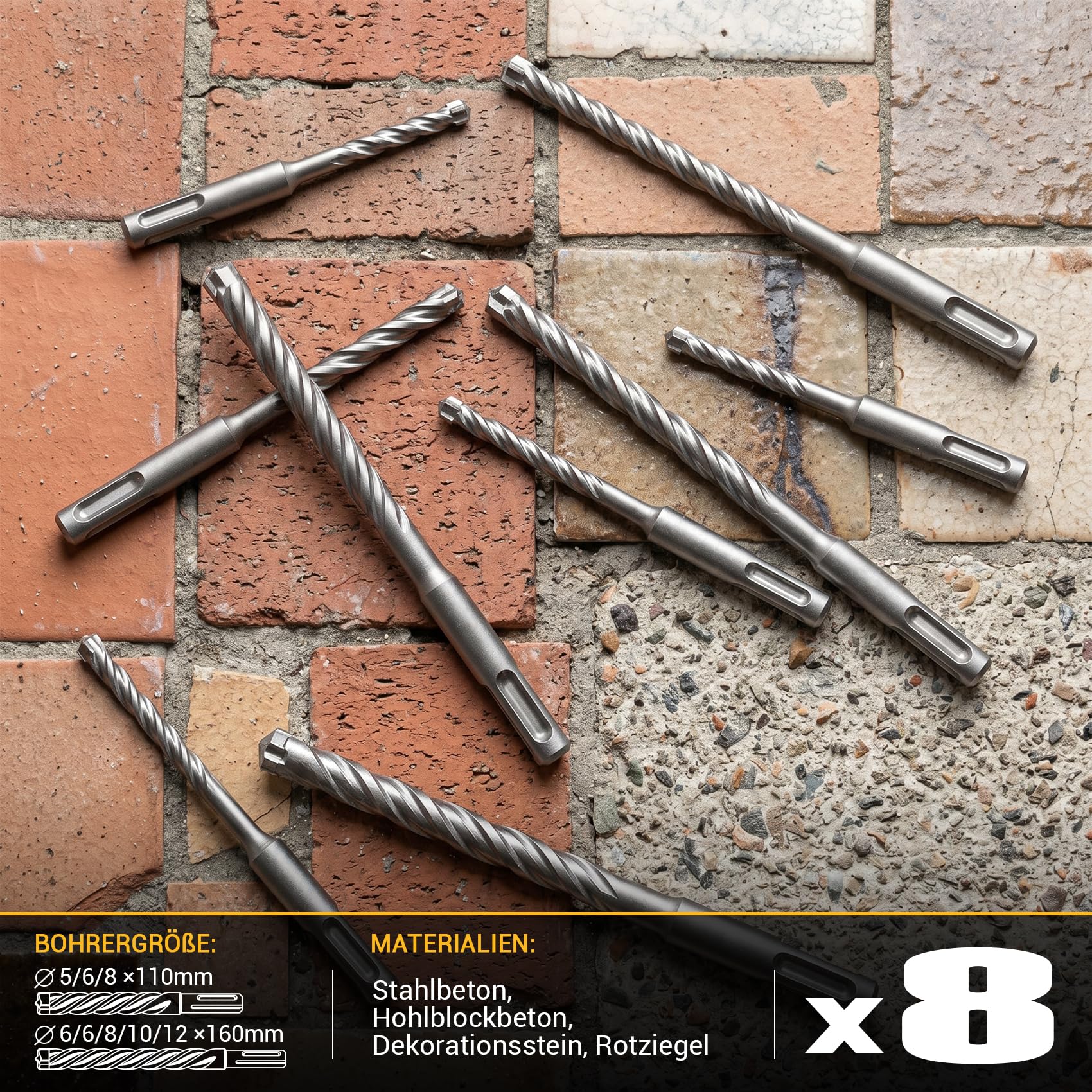 SDS Plus - Juego de brocas para martillo perforador (8 piezas, 4 cortadores con cabeza de carburo macizo, diámetro de 5 a 12 mm, para hormigón armado y hierro de refuerzo)