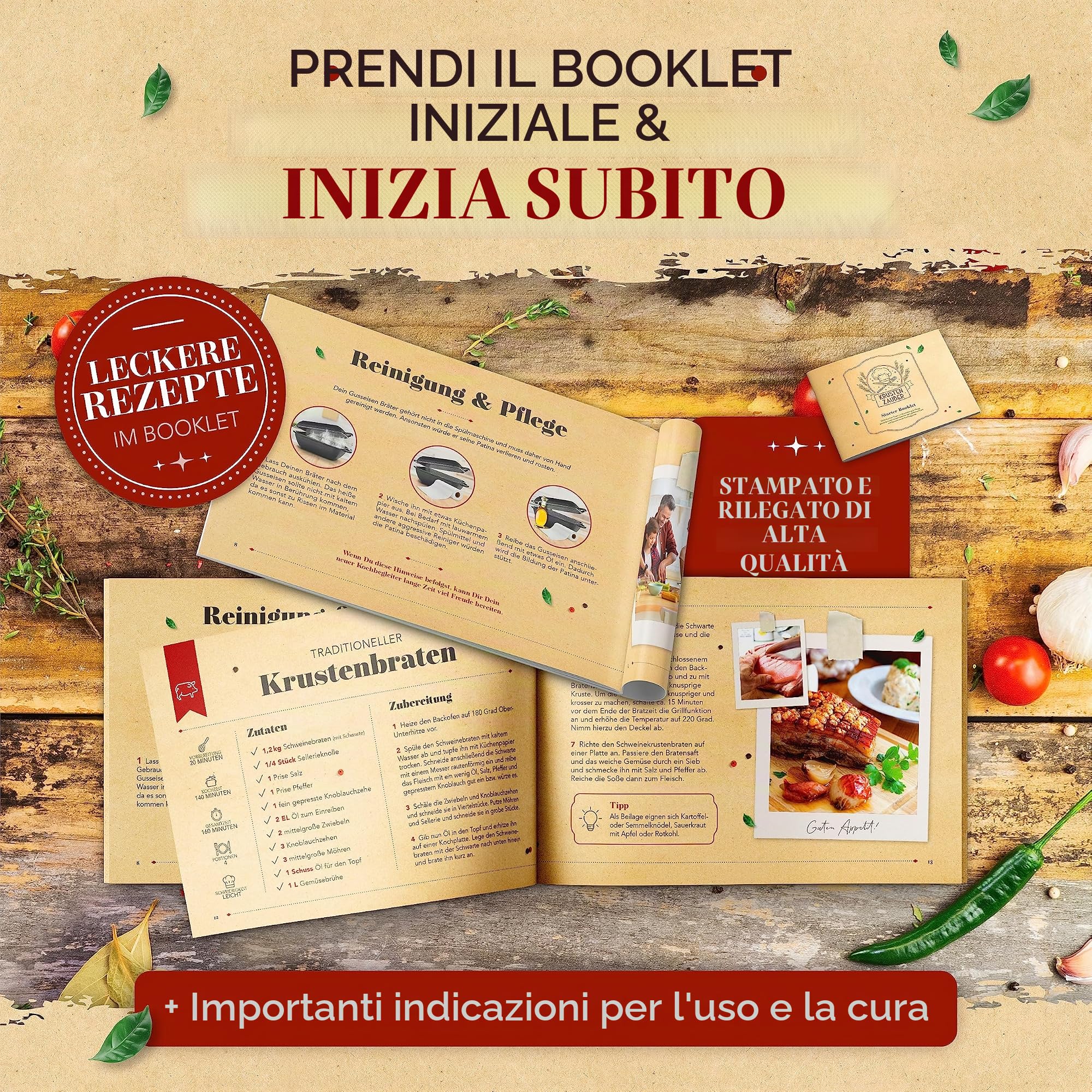 KRUSTENZAUBER Casseruola in ghisa da 35 cm con coperchio, adatta al forno [forchetta per carne] XXL adatta al forno