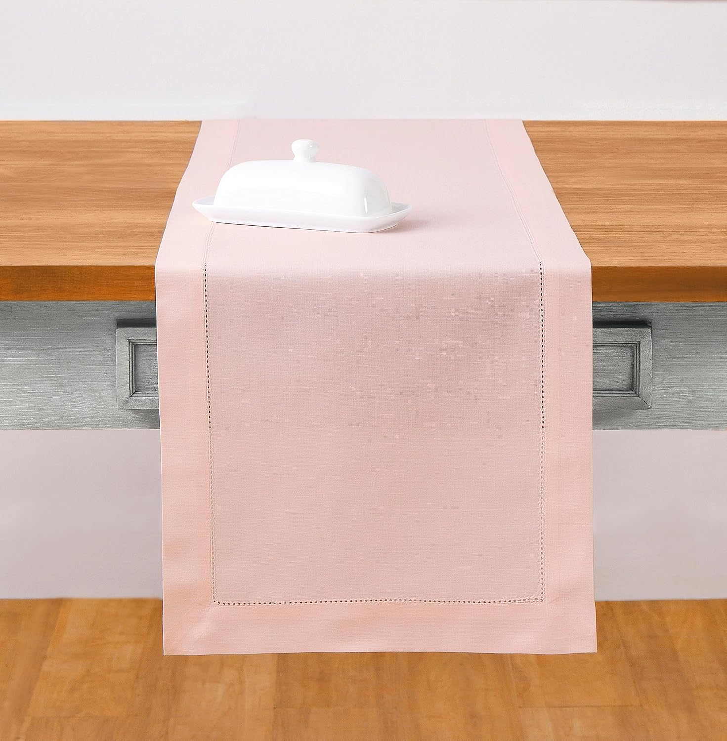 Solino Home Pink Table Runner 90 Inches Long Cotton Linen Hemstitch Summer, Fall