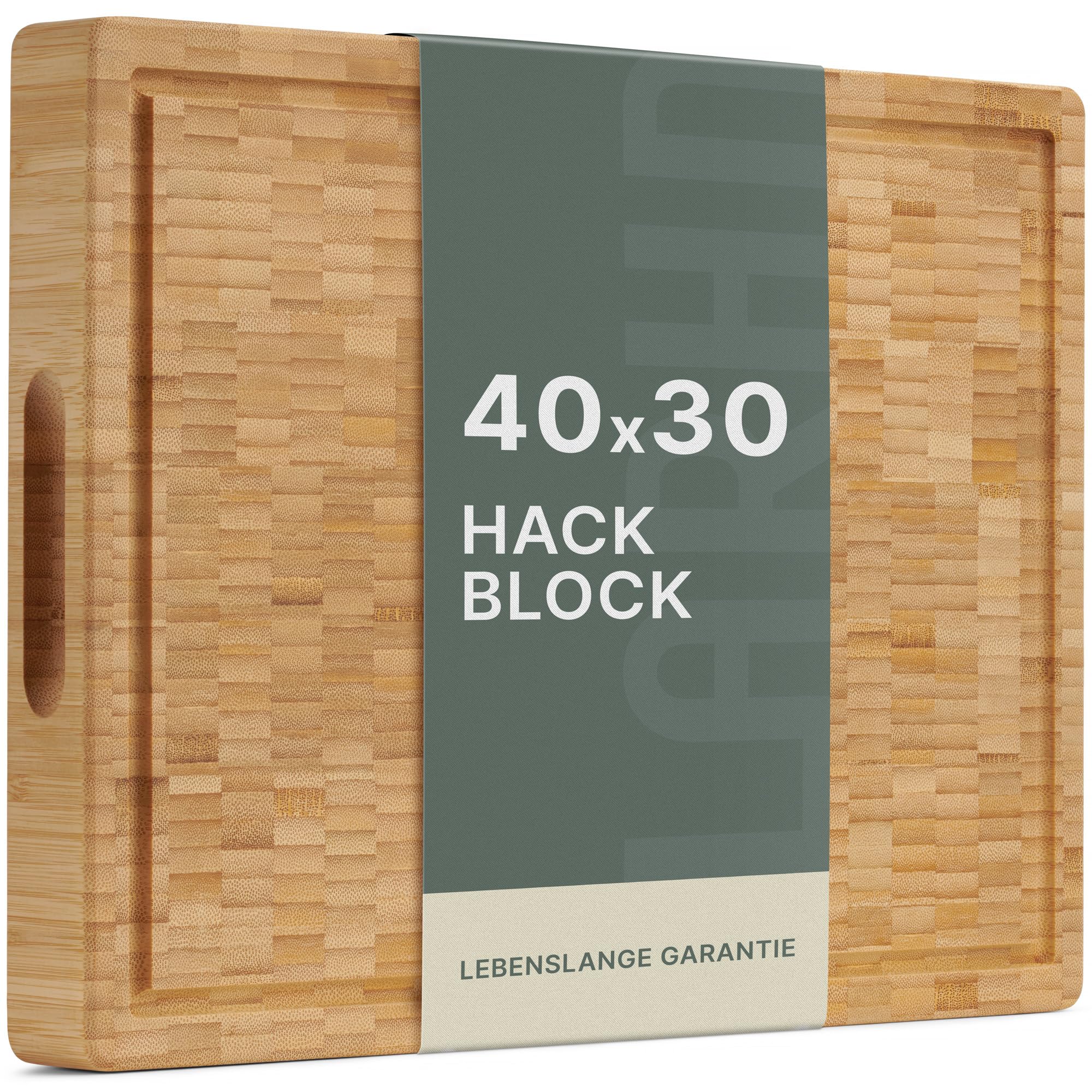 LARHN Stirnholz Hackblock Bambus massiv - 40x30x4 cm - Schneidebrett Holz | Messerschonend, Saftrille, Griff, vorgeölt, wendbar, plastikfrei, für Fleisch, Gemüse, Brot, Käse & Wurst