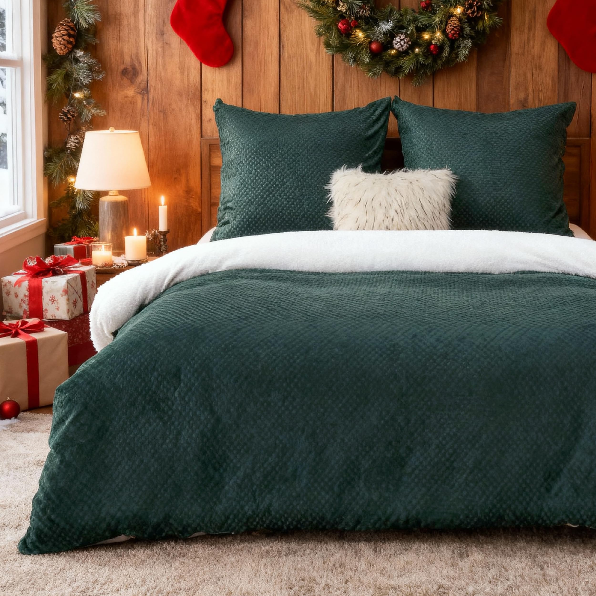 BEDSURE Fluffy Bed Linen 200 x 200 cm Dark Green Winter Duvet Cover Fleece with 80 x 80 cm Pillowcase Warm Bed Linen Sets with Zip, Cuddly Winter Bed Linen for - 200 x 200 cm - Dark Green