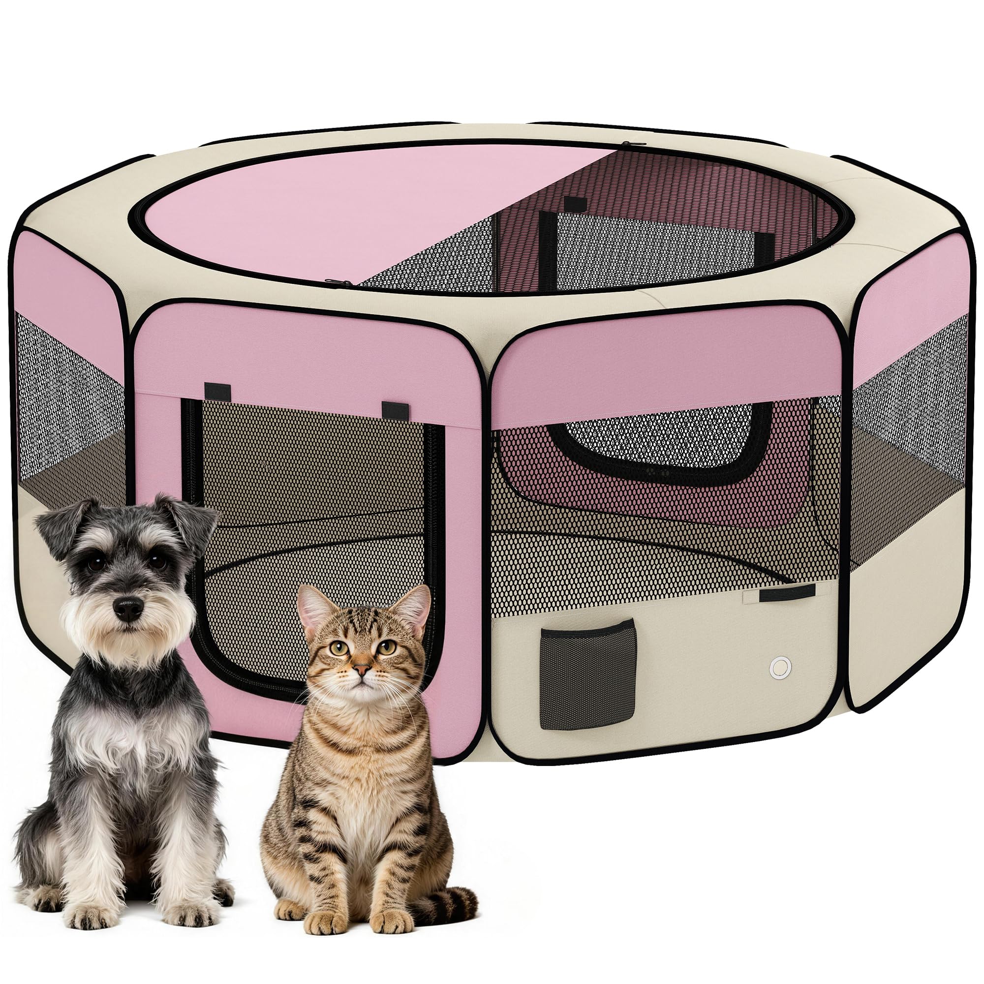 PawHut Parque Plegable para Perros y Gatos Impermeable Ø120x58 cm Rosa | Corralito Portátil para Animales Pequeños, Tela Oxford, 2 Puertas, Exterior e Interior