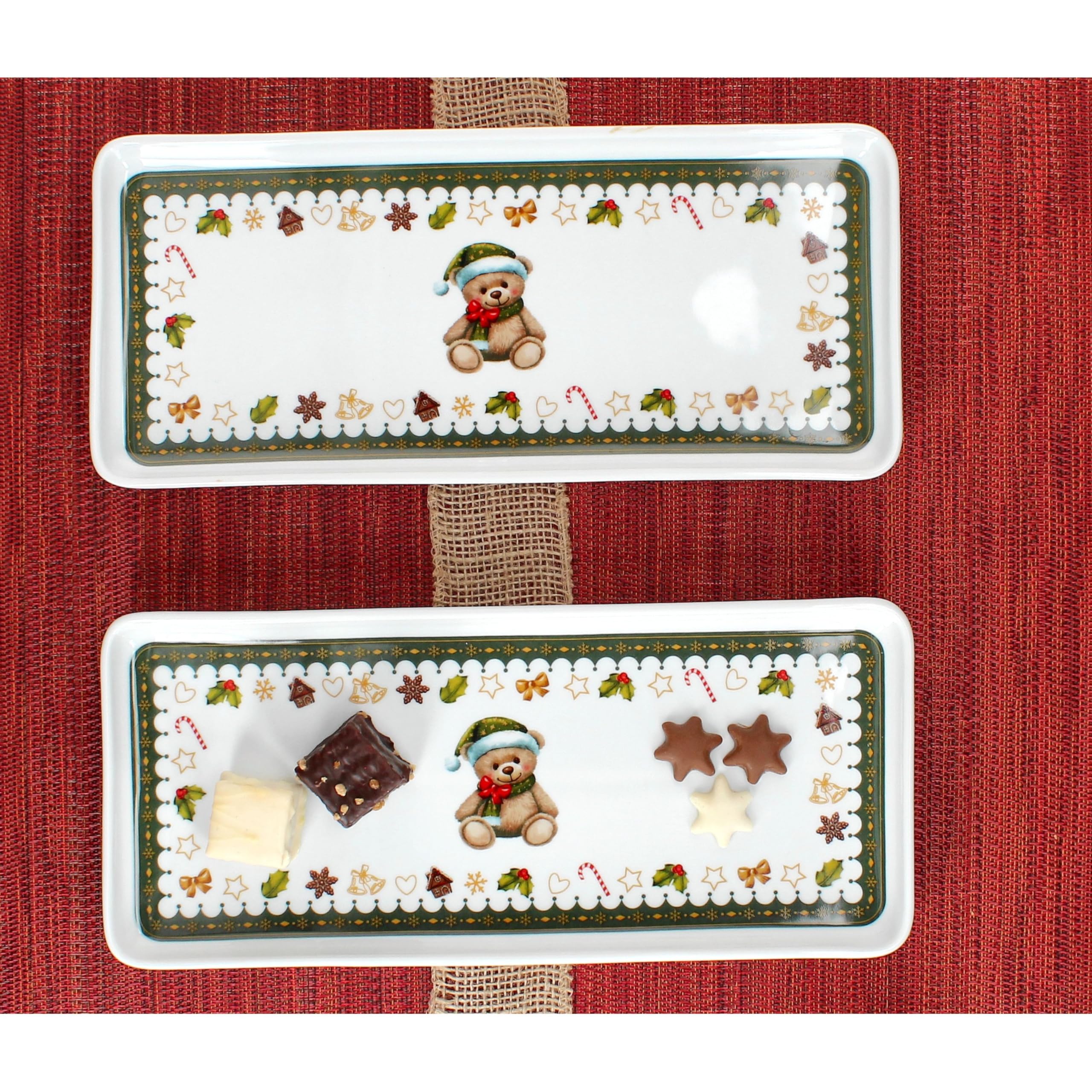 MamboCat Friend Zestaw 2 talerzy na ciasto prostokątne 35 x 15,5 cm | talerze bożonarodzeniowe z porcelany z misiem, domek z piernika itp. | na ciasteczka i wypieki