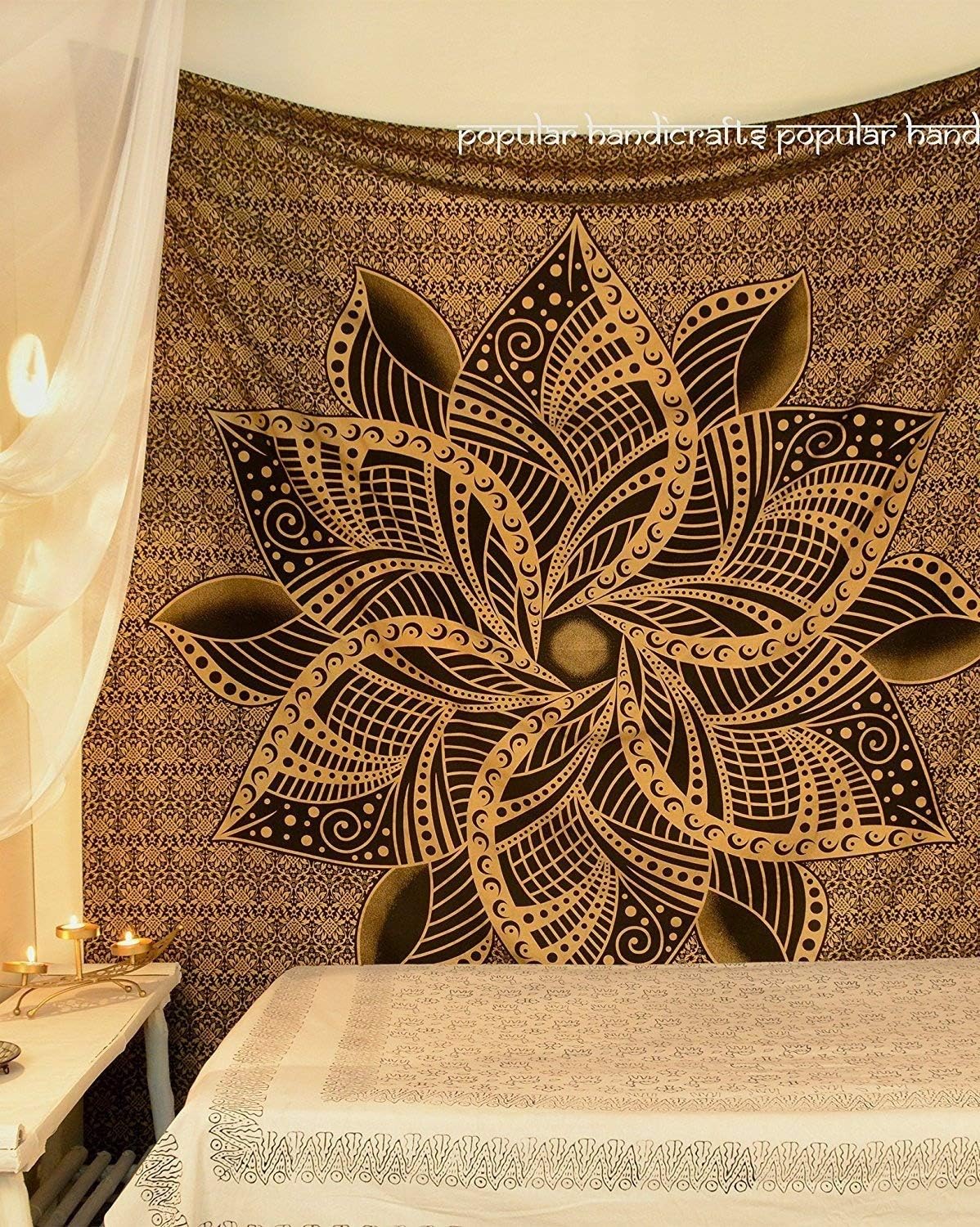 Popular Handicrafts Tapestry Wall Hanging Hippie Ombre Mandala Bohemian Hippy Intricate Indian Tapestries Bedspread 90 x 108 Inches (230cm x 270cm) Black & Gold