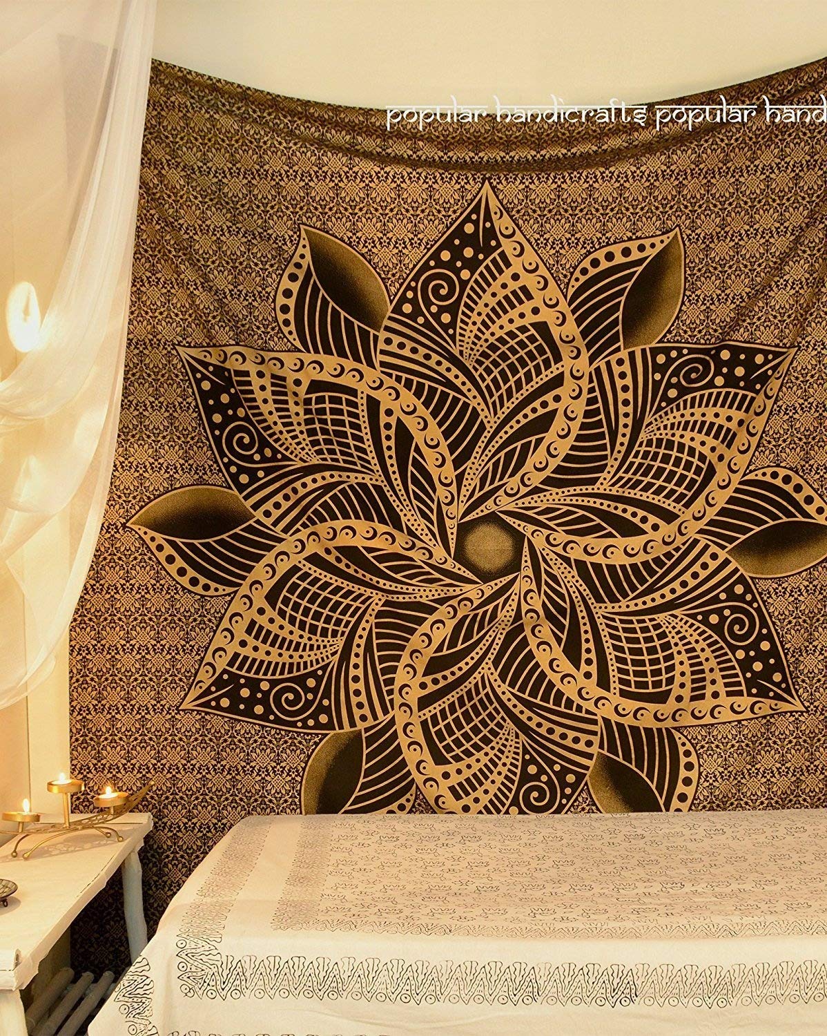 Popular Handicrafts Wandteppich, Hippie-Ombré-Mandala, Bohemian, Hippie-Design, aufwendige indische Wandteppiche, Tagesdecke, 230 x 270 cm, Schwarz & Gold