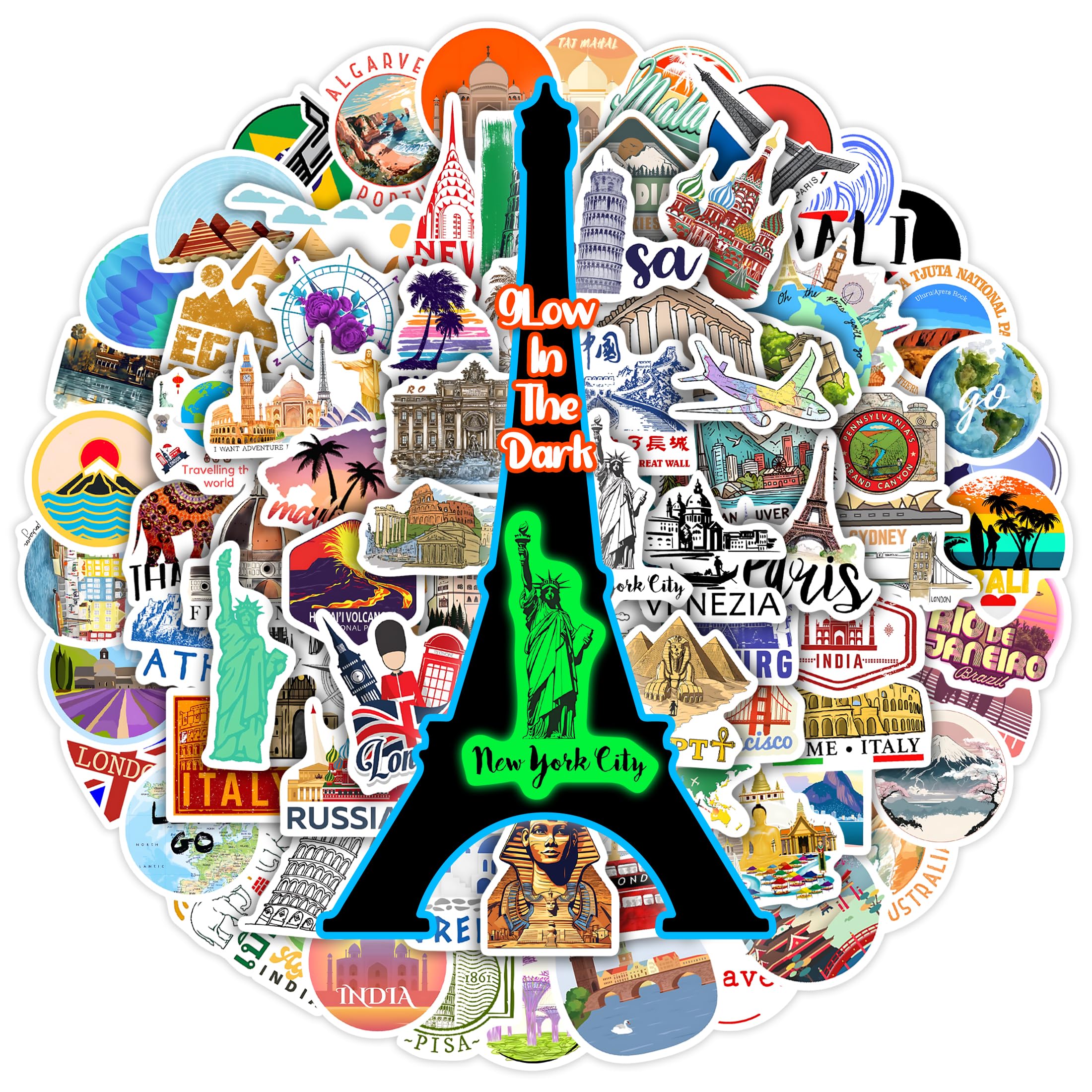 100 Pcs World Featured Architecture Sticker for Water Bottle, Adults Waterproof Vinyl Travel Map Laptop Decals, Girls Kids Teens Phone Case Vintage