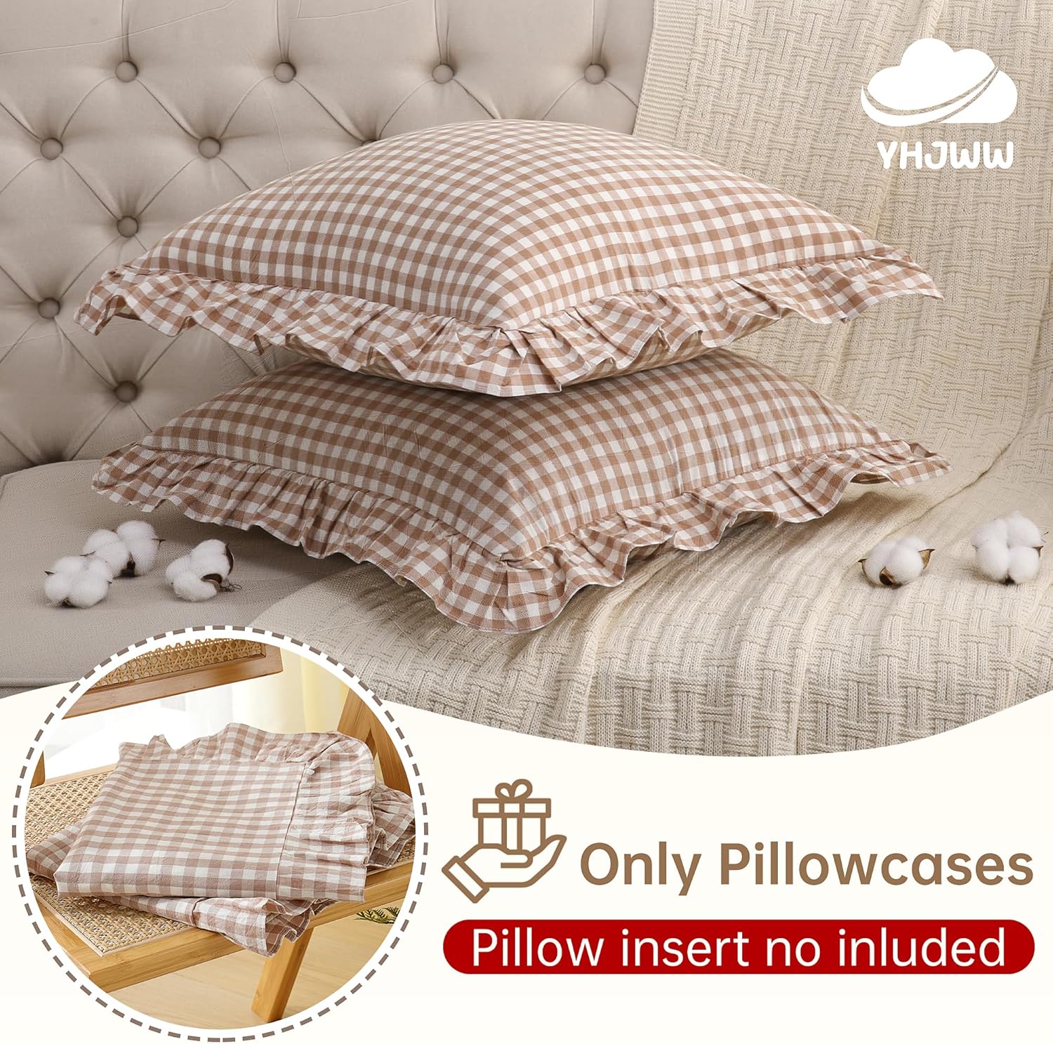 Tan Gingham Throw Pillow Covers 100% Washed Cotton Like Linen Feel Soft Comfy Ruffle Farmhouse Fall Decorative Pillow Cases Sham Set of 2 for Couch Sofa Bed (18x18 Inches, Zipper Closure)