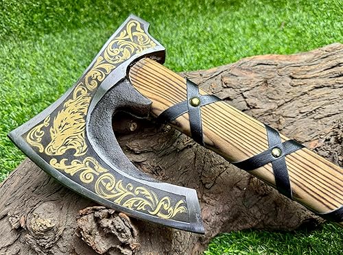 Miniatura 8 de AX-7001 regalo personalizado forjado acero de carbono vikingo hacha con el eje de madera de rosa, hacha de doble borde