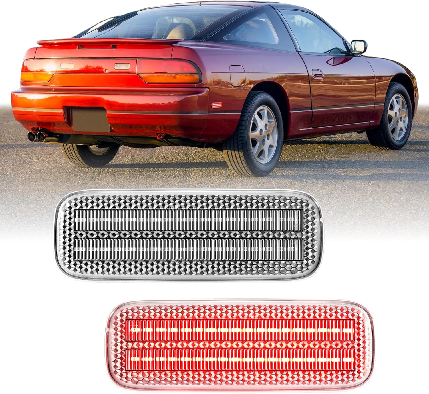 USR 89-94 S13 Rear Side Marker Light – Back Parking Lamps (Left + Right) Pair - Compatible with 1989-1994 Nissan 240SX, 180SX, Silvia, Pig Nose / 93-97 Altima All Models (CLEAR LENS with RED LED)