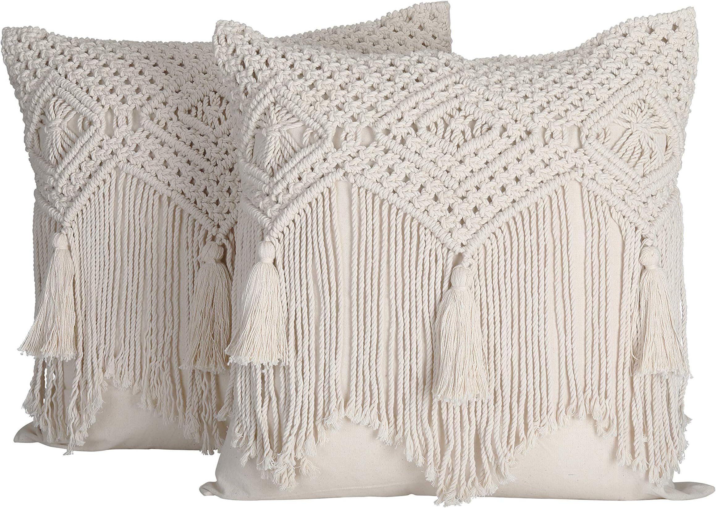 Folkulture Boho Throw Pillow Covers for Home Décor, 16X16, Macrame Pillow Covers, Modern Farmhouse Bohemian Pillow Covers for Bed, Couch or Sofa, Set of 2 with Tassels, Natural Off-White