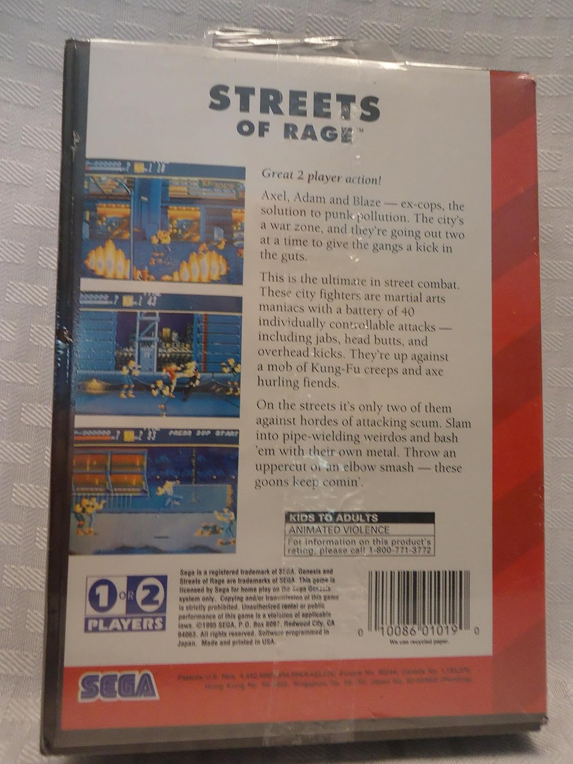 Back of the SEGA Streets of Rage game box showing game description and UPC