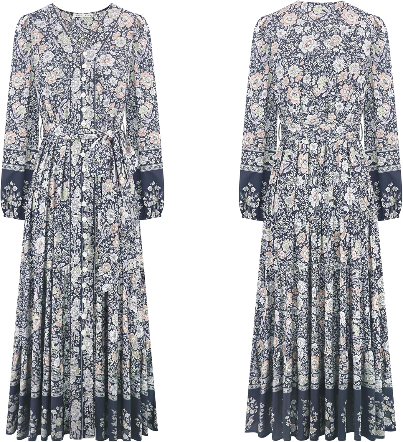 R.Vivimos Women's Long Sleeve Boho Midi Dress V Neck Floral Print Casual Button Down Loose Ruffle Beach Long Dress with Belt - Image 6