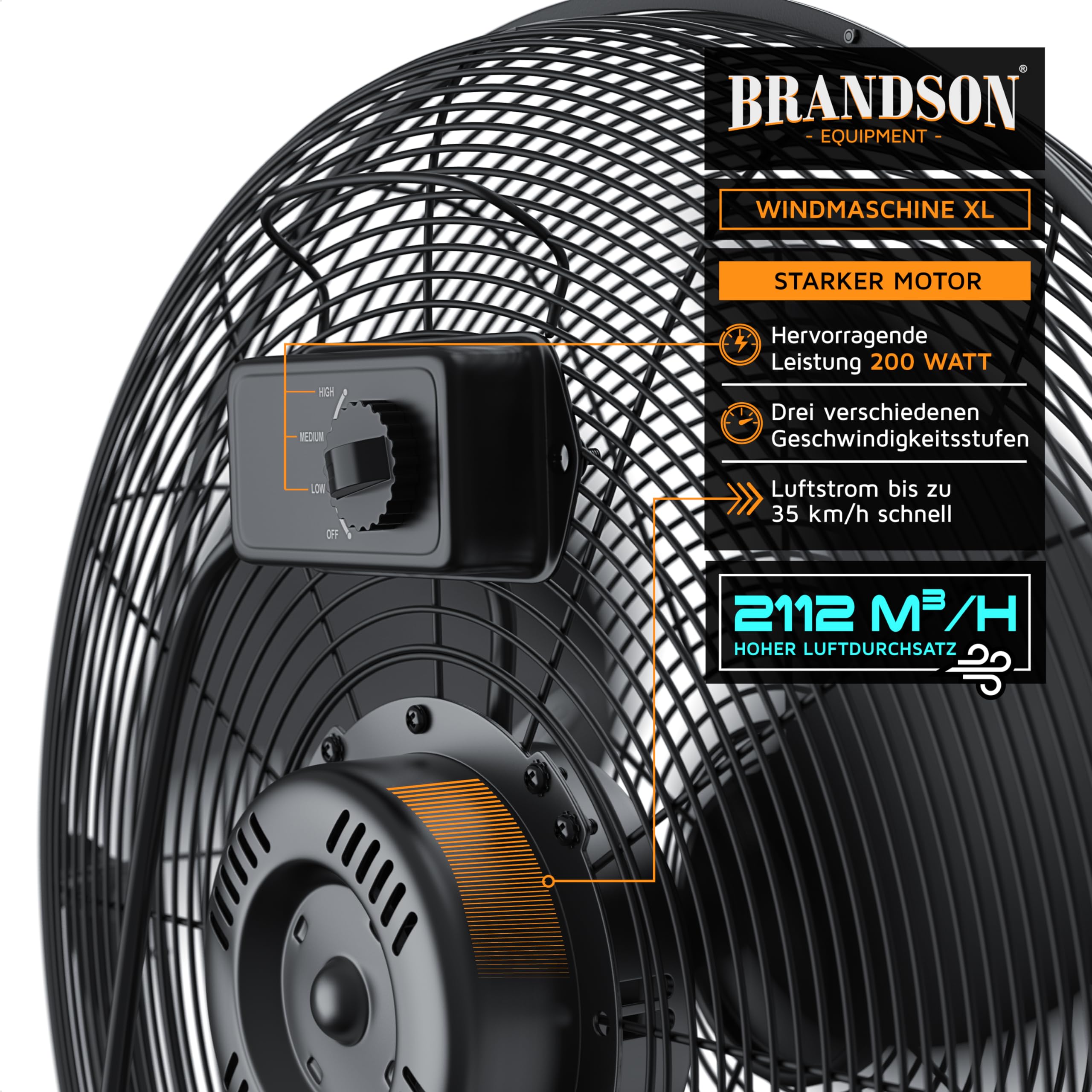Brandson - Windmaschine Retro Stil 200 Watt - Sieger Ventilatoren und Luftkühler 2026 - Standventilator 57 cm - Bodenventilator - hoher Luftdurchsatz - stufenlos neigbarer Ventilatorkopf - GS
