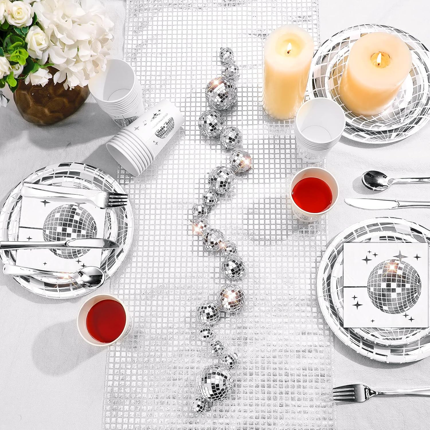 Marsui 121 Pcs 70s 80s Disco Ball Party Decorations Disposable Paper Plates Napkins Cups Bachelorette Silver Balls Tableware Set for Wedding Cocktail Birthday Dancing Queen Party(Silver) - Image 2