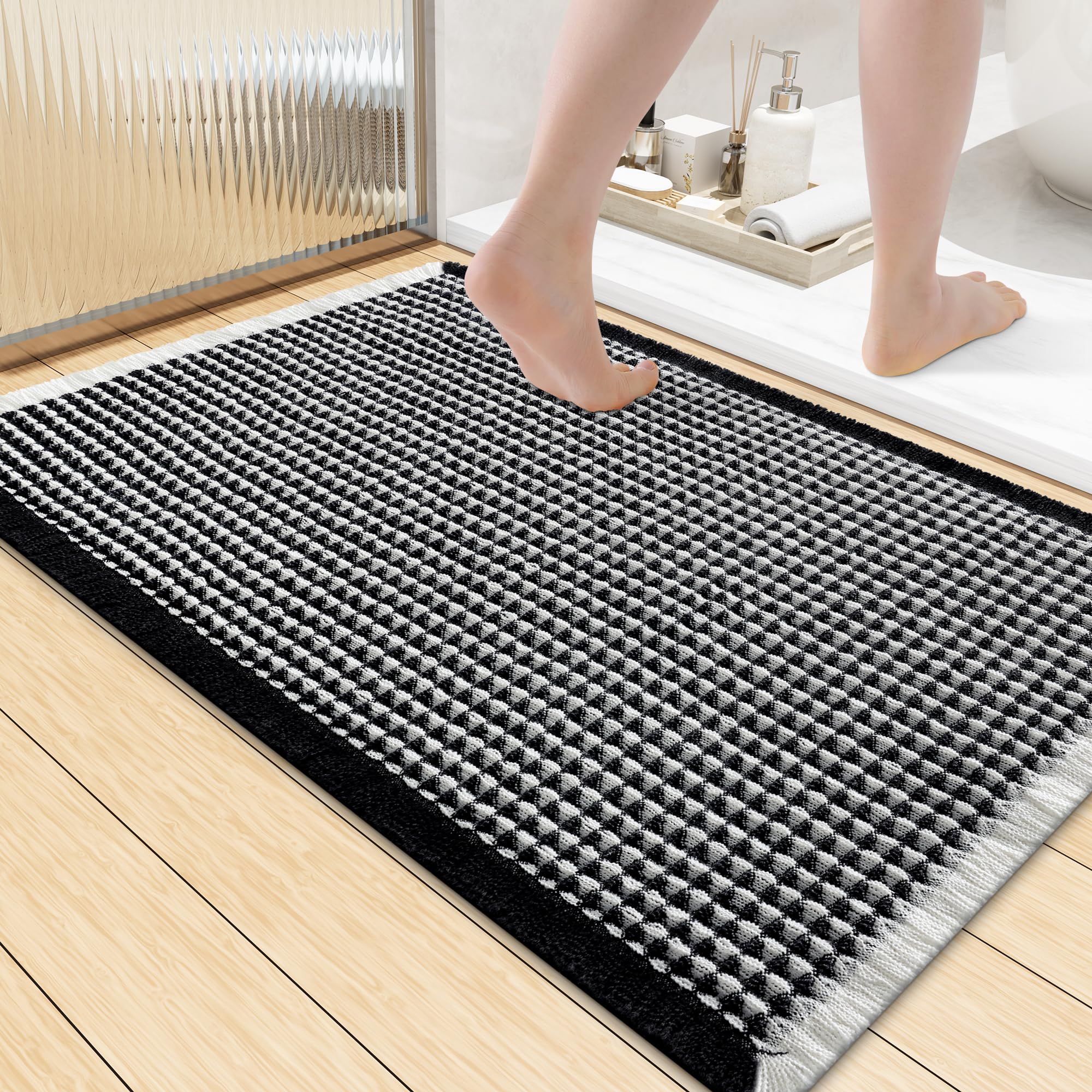 Smiry Waffle Bath Mat 36X24, Soft Absorbent Bathroom Rugs, Black &amp; Cream