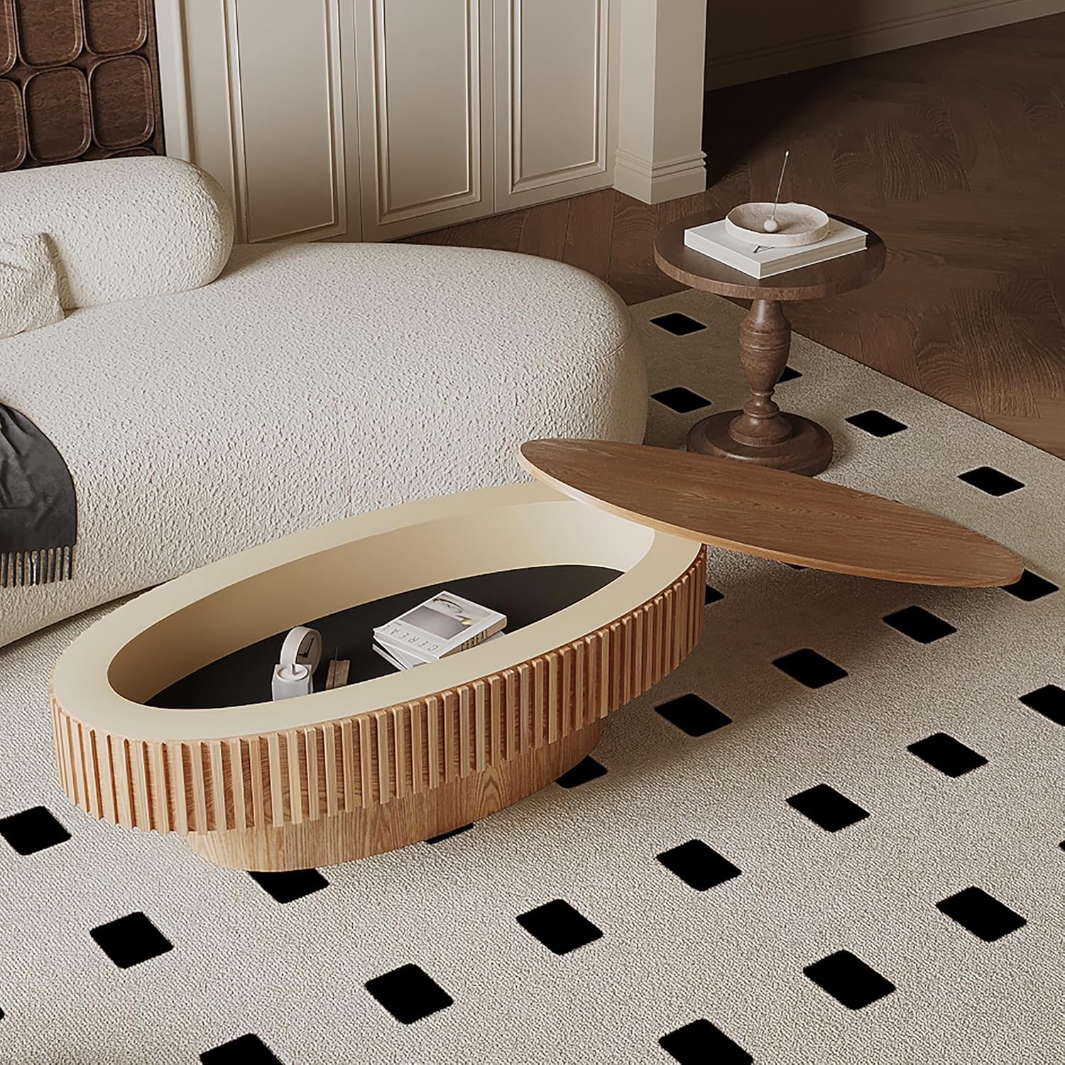 47" Oval Wooden Coffee Table with Storage, Fluted Drum Coffee Table with Solid Wood Veneered, Luxury Wooden Center Cocktail Tea Table, Modern Oval Coffee Tables for Living Room Office, Natural