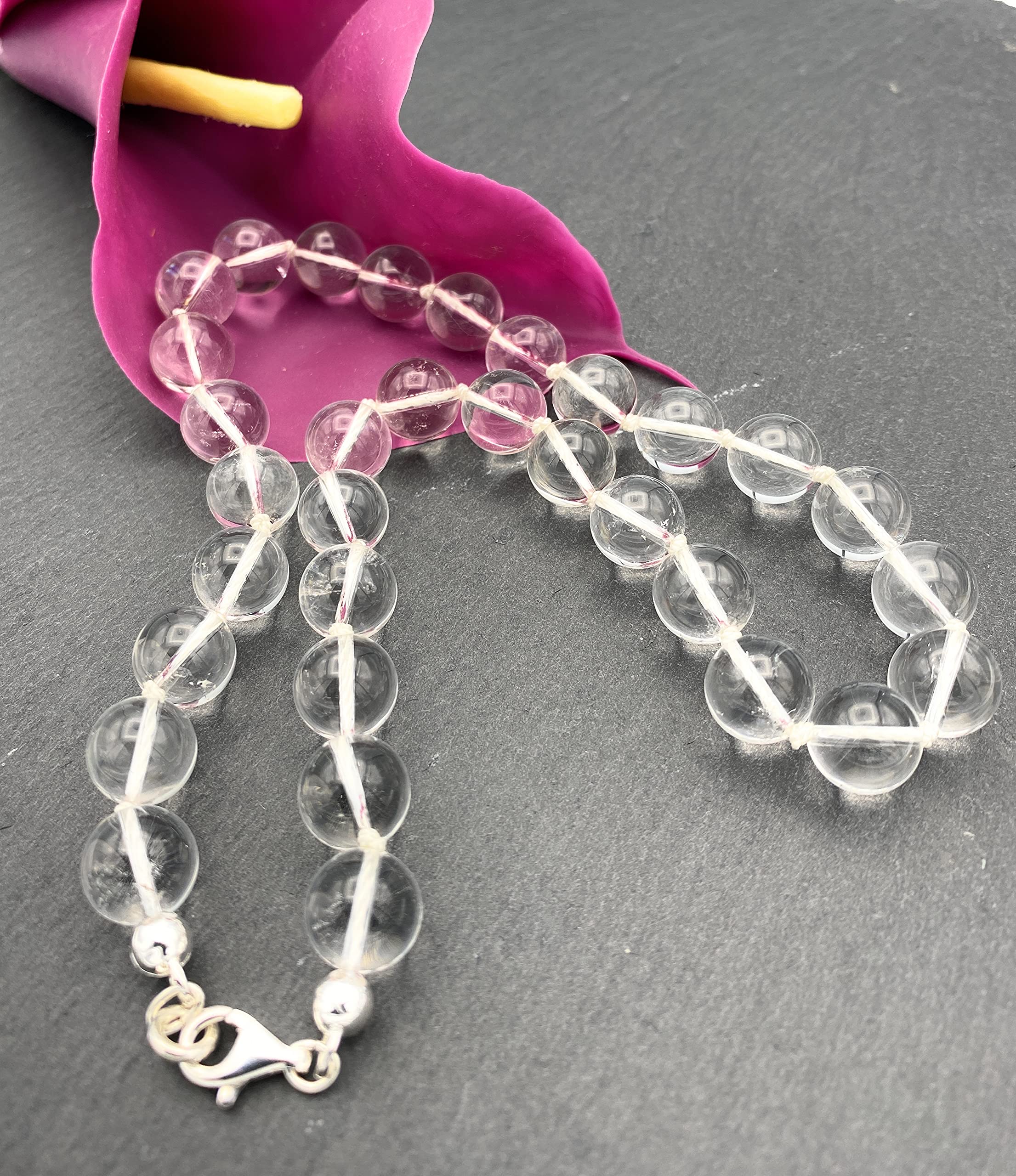 Bergkristall Halskette Kugeln Größe 12 mm geknotet Verschluss 925er Sterling-Silber