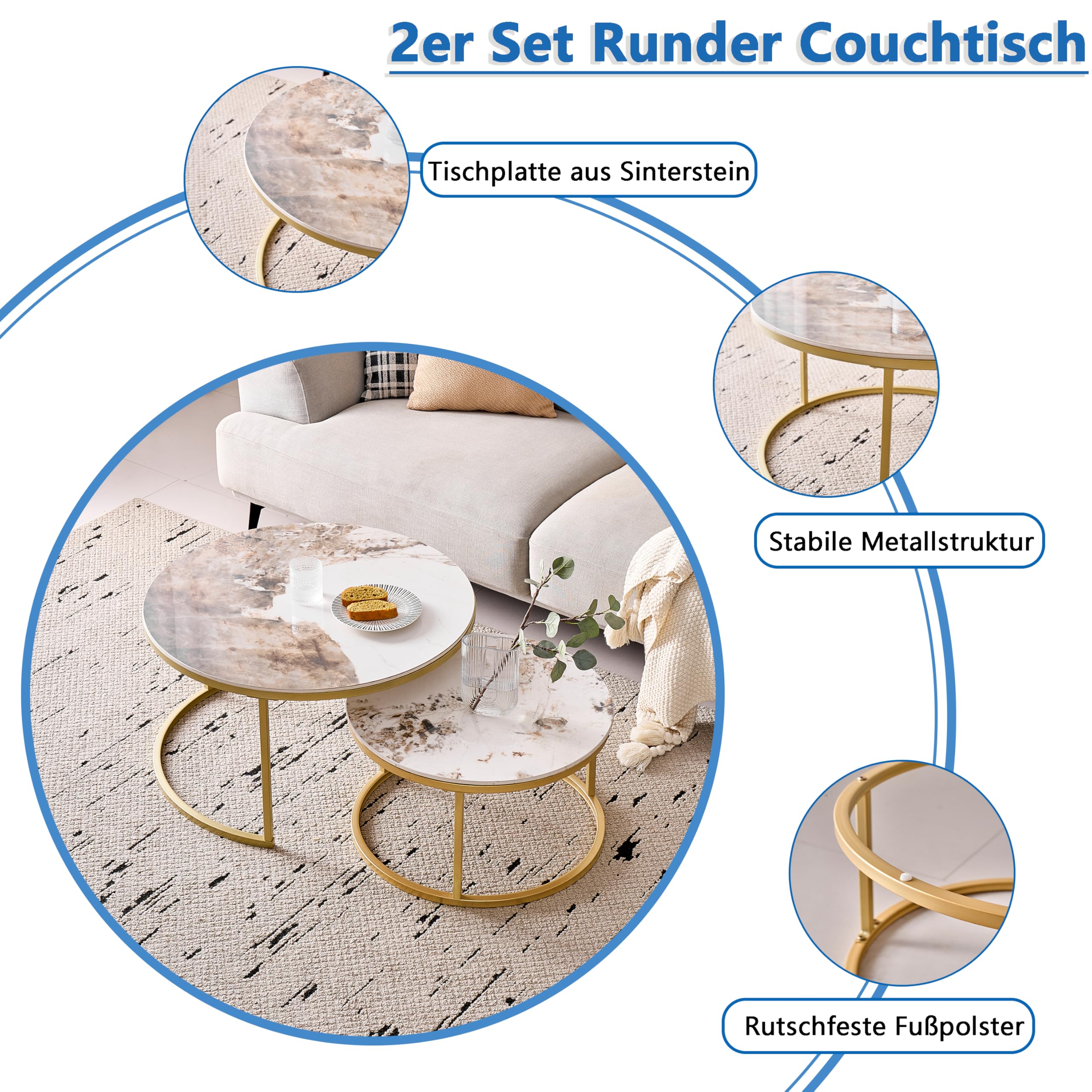 Runden Couchtisch 2er Set, Moderne Satztische mit Keramikplatte (Keine MDF-Platte), Ideal für Wohnzimmer, Schlafzimmer, Balkon und Büro (Pandora+Gold), 60+80cm