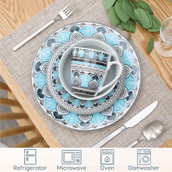 VEWEET, série AUDRIE, Service de Table Complet en Porcelaine, 32 pièces pour 8 Personnes, 8 Assiettes Plates, 8 Assiettes à Dessert, 8 Bols, 8 Tasses, Style Marocain - 4