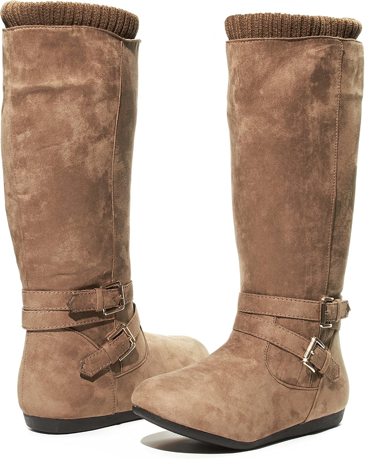 Girl's Classic Suede Snow Winter Riding Cowboy Tall Flat Boots With Buckles
