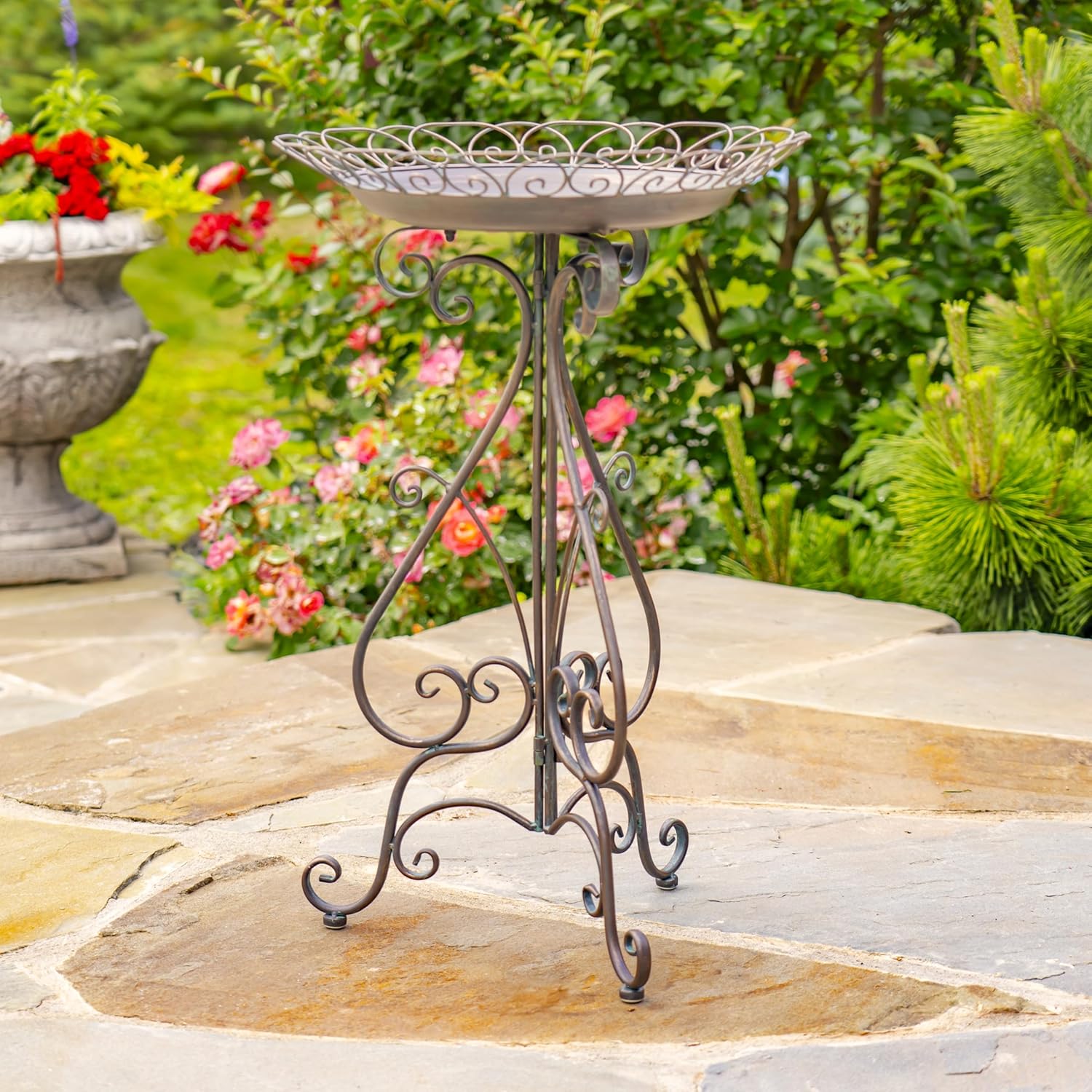 Zaer Ltd. Metal Bird Bath with Folding Stand, 28 Inch Tall, Antique Finish, Indoor/Outdoor (Antique Bronze)
