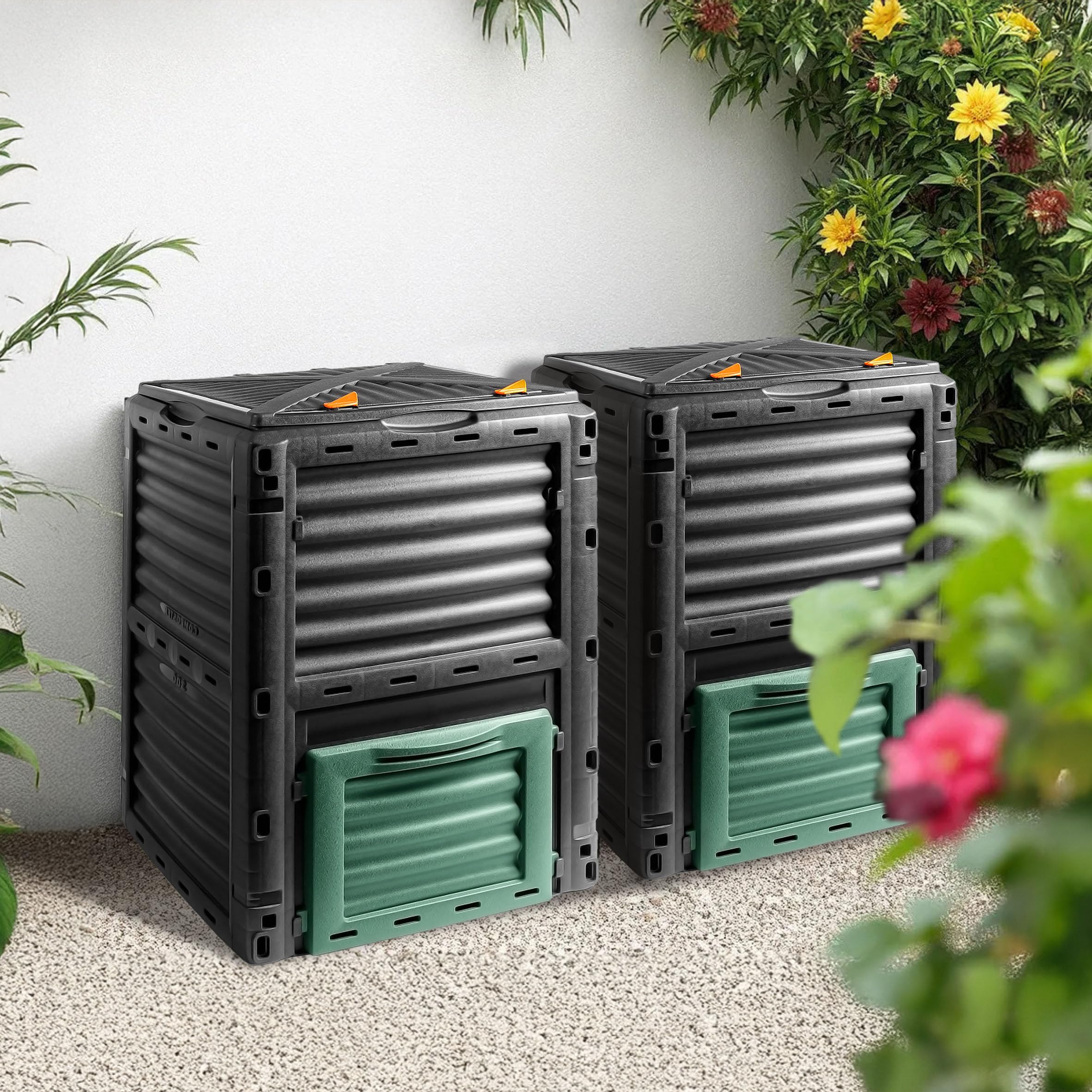 Kunststoff Kompostierer 83 x 61 cm schwarz - 2er Set - Komposter 300 L mit Deckel und Entleerungs-Luke - Garten Abfall Bio Müll Kompost Behälter