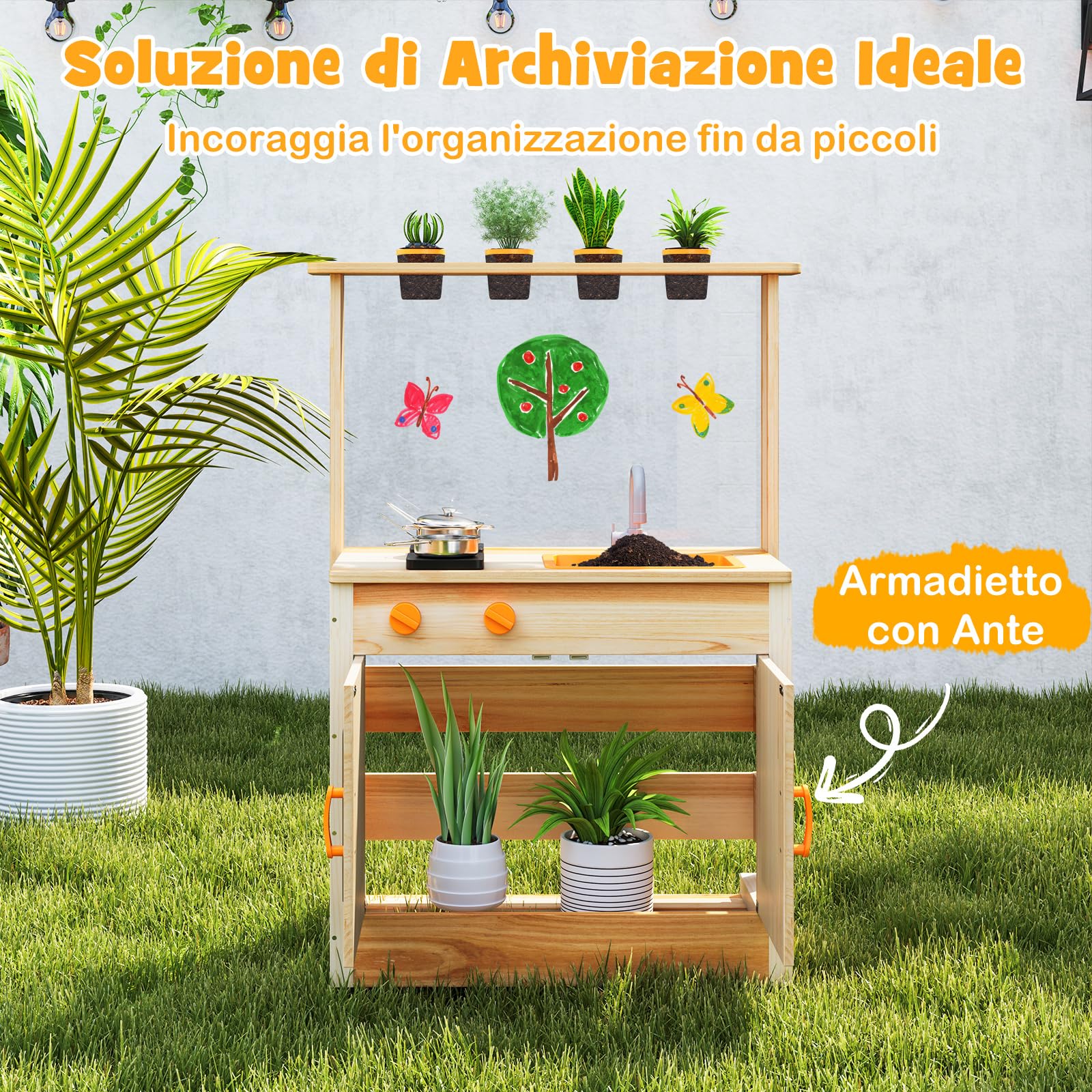 COSTWAY Cucina Giocattolo per Giardino con Lavagna Acrilica per Dipingere, Cucina in Legno di Abete per Bambini con 4 Vasi da Giardinaggio, Set Cucina con Accessori, 68 x 34 x 93 cm