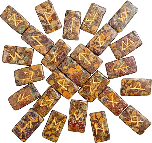Juego de piedras de runas de jaspe frutal, piedra pulida, suministros de brujería Futhark de élder Piedras preciosas Runas Espirituales Vikingas,