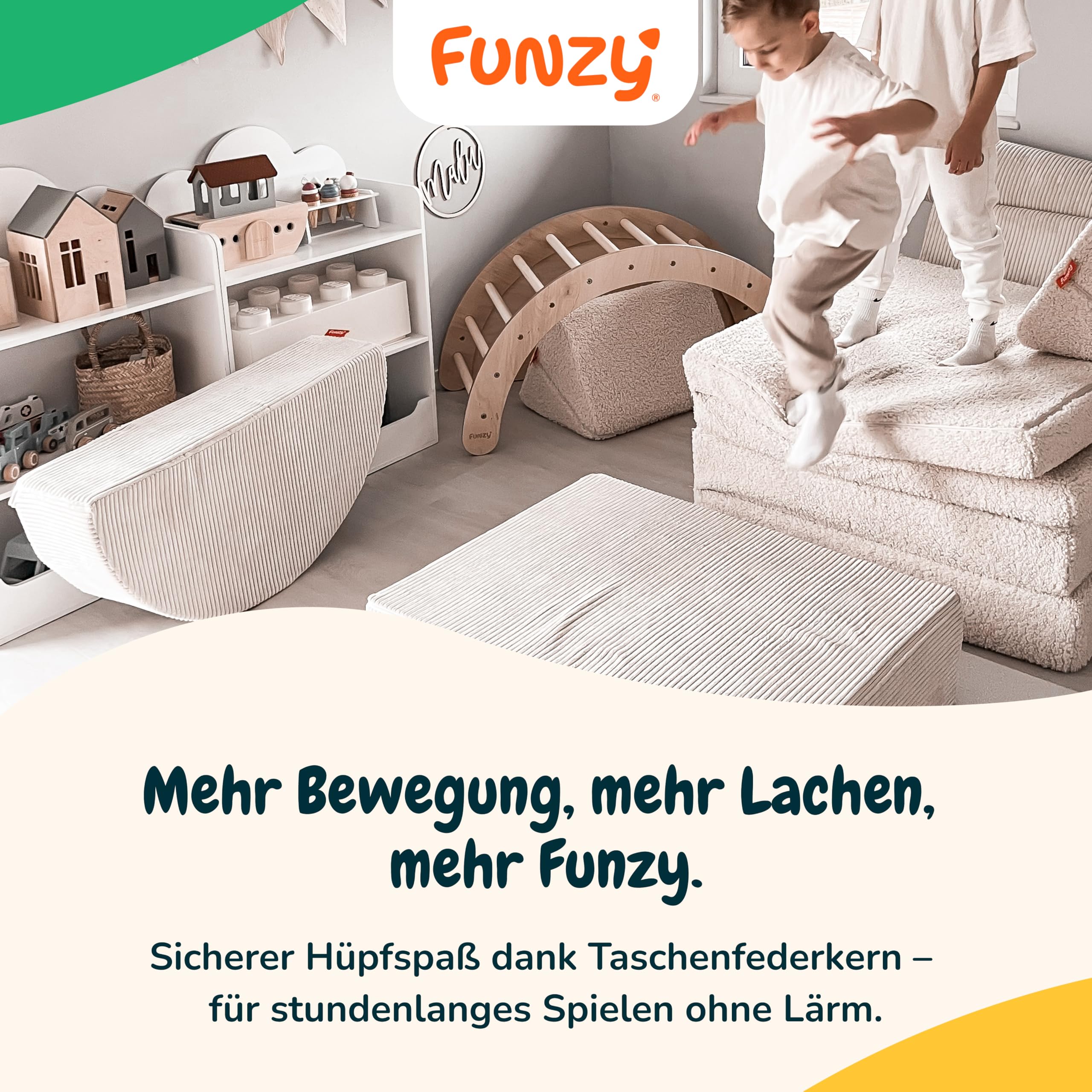 Funzy Hüpfpolster für Kinder – Hüpfmatratze mit Taschenfederkern, Sicherer & leiser Hüpfspaß, Cord-Bezug, Waschbar & Schadstofffrei, Für Motorik und Bewegung, Cord Kirschblüte Rosa, 85x65x21 cm