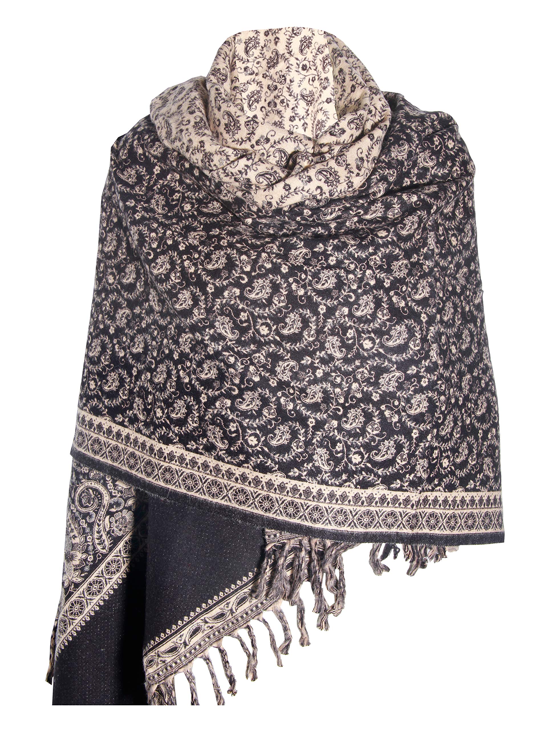 TIBET Warmer Winterschal aus reiner Yakwolle, Schal, Dekoration, Decke, Unisex, übergroß, wendbar, luxuriös, Geschenk, Schwarz / Beige, One size