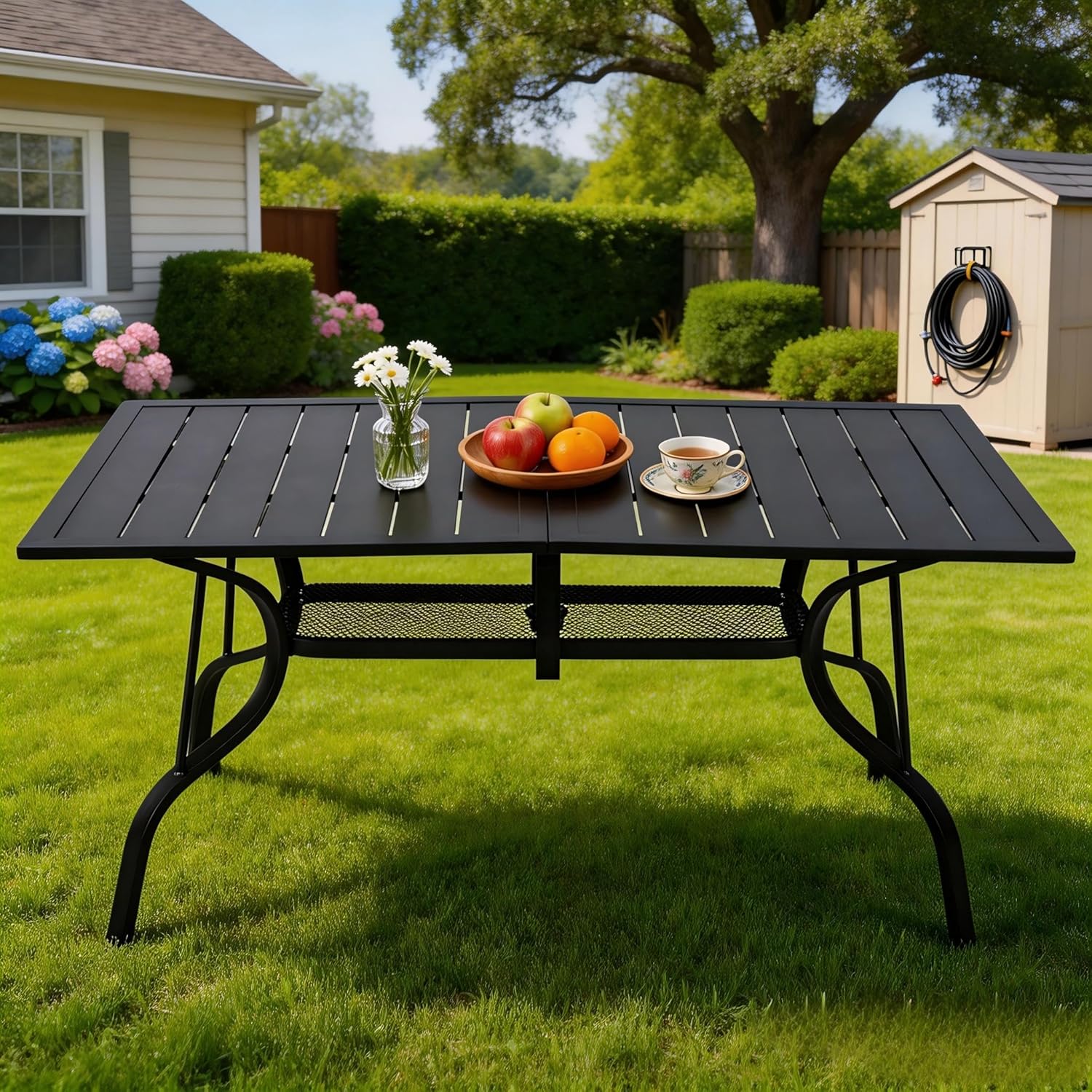 Outdoor Patio Dining Table for 5-6 People, 55" All-Weather Resistant Metal Round Table with Adjustable Umbrella Hole for Garden Backyard Porch Poolside, Black