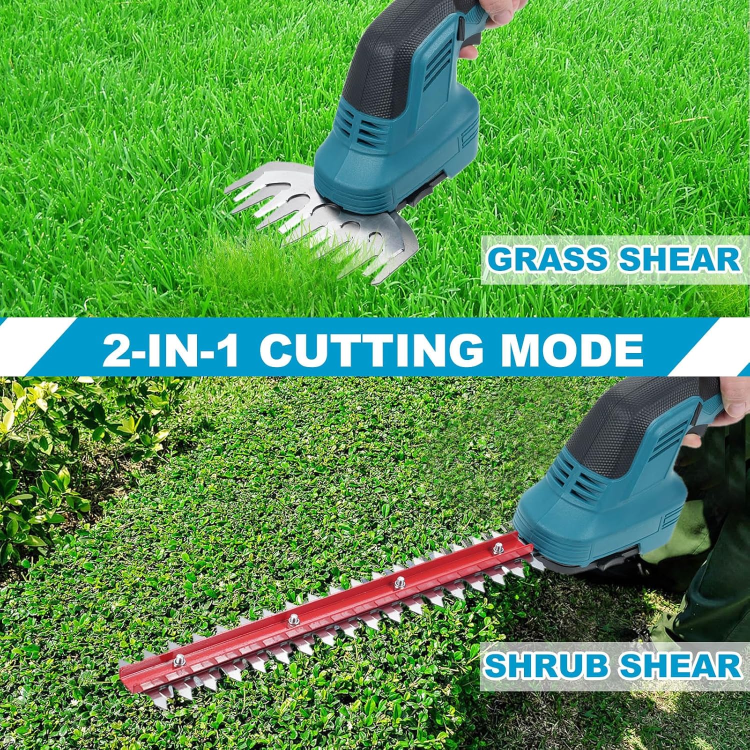 2 in 1 Cordless Hedge Trimmer with 2pcs Rechargeable Battery, 21V Handheld Grass Cutter Hedge Shears Electric Shrub Trimmer Kit for Garden Yard Lawn Pruning