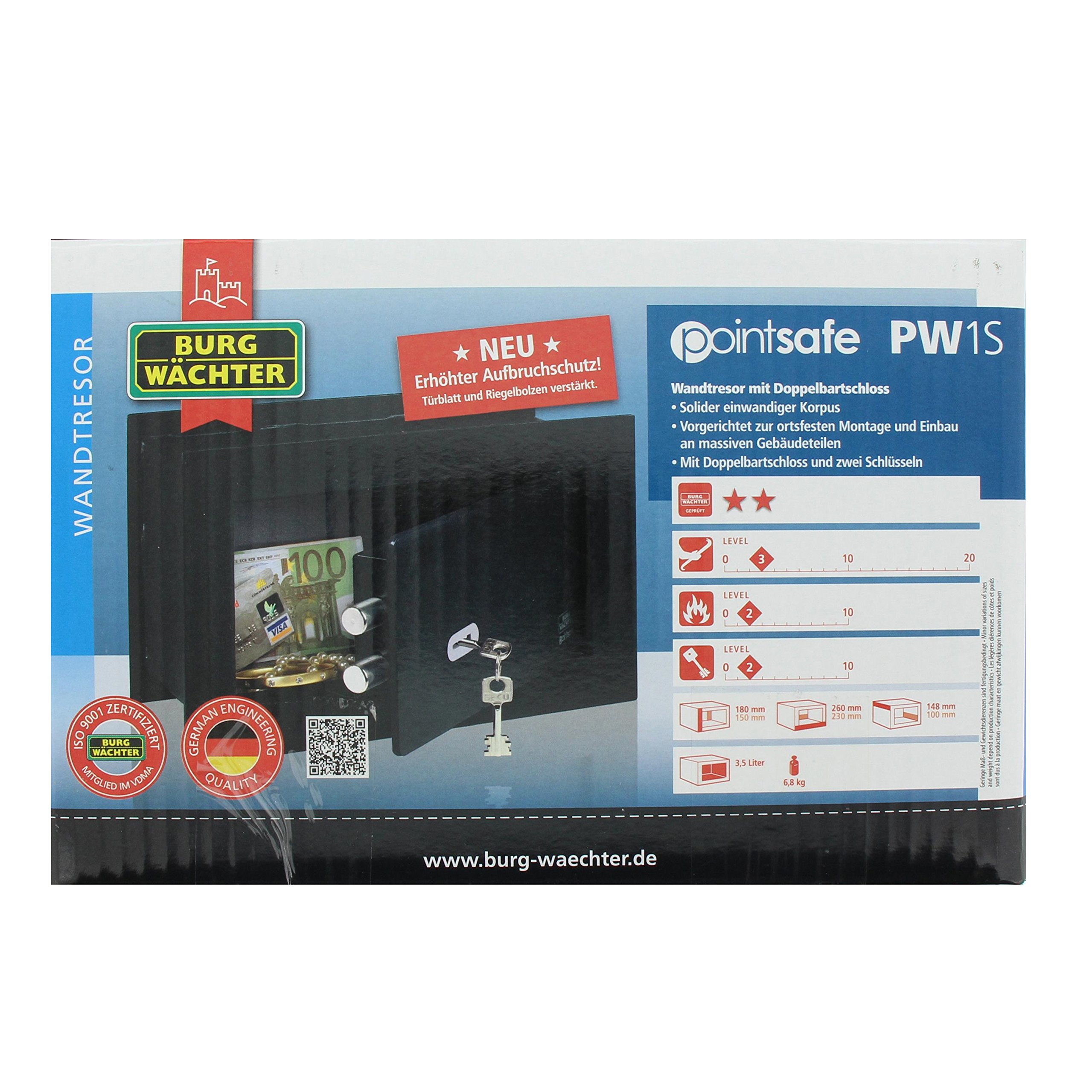 BURG-WÄCHTER Cassaforte da muro con chiavi, nascosta, occultata, resistente, Point-Safe, 3,5 l, 6,6 kg, PW 1 S, Nero